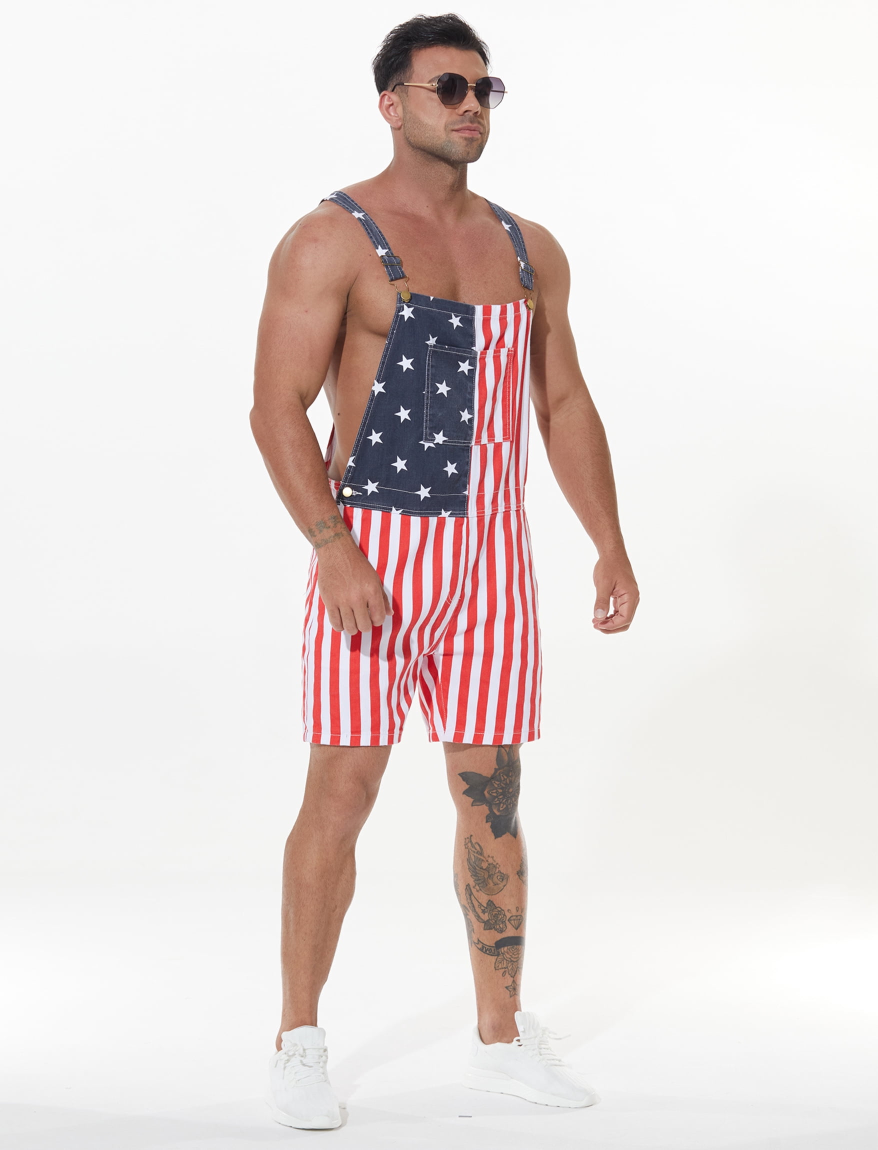 Yuanbang American Flag Denim Bib Overalls Shorts Patriotic Jumpsuit Romper for Men (Red White Blue, XL) gwvmk