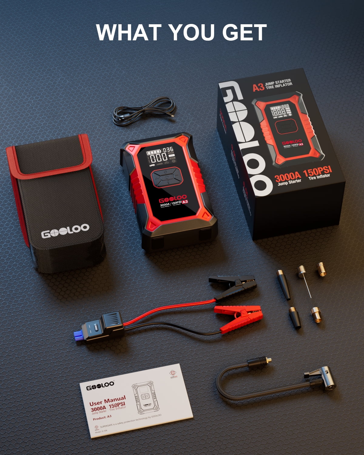 Gooloo 3000A Portable Car Battery Jump Starter with 150PSI Air Compressor (Red, 1 Unit) zeabv