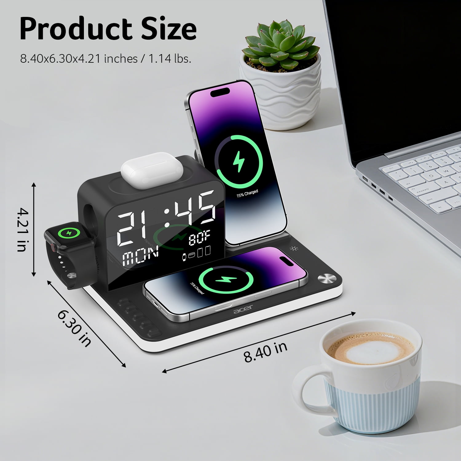 Acer 7-in-1 Wireless Charging Station for Apple and Android Devices (Black, 8.5 in x 6.3 in x 4.2 in) lyd39