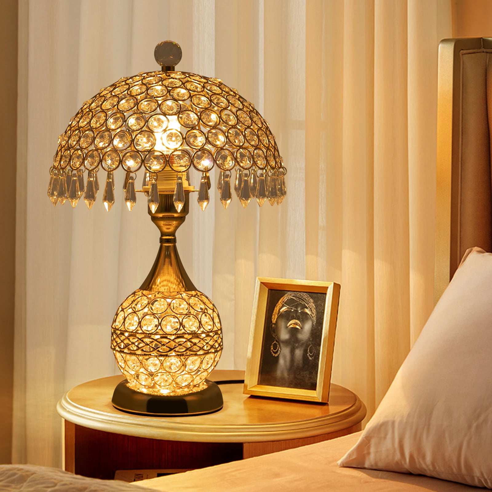 Deluxe Crystal Table Lamp Vintage Bedside Nightstand Desk Light (Gold, 9.84 in x 16.92 in) 04klt