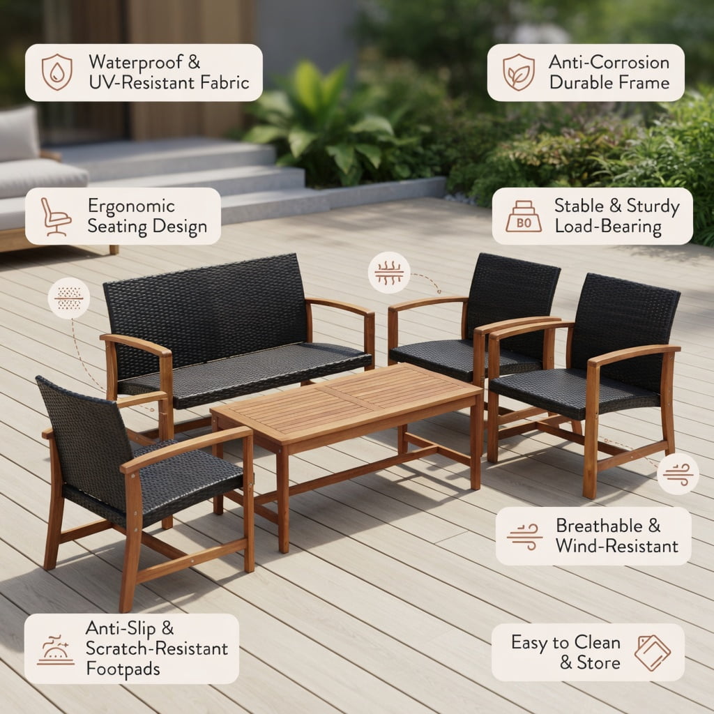 Resenkos 3-Piece Patio Rattan Bistro Furniture Set, Outdoor Garden Conversation Set with Acacia Wood Table Top (Beige) 7wp4y