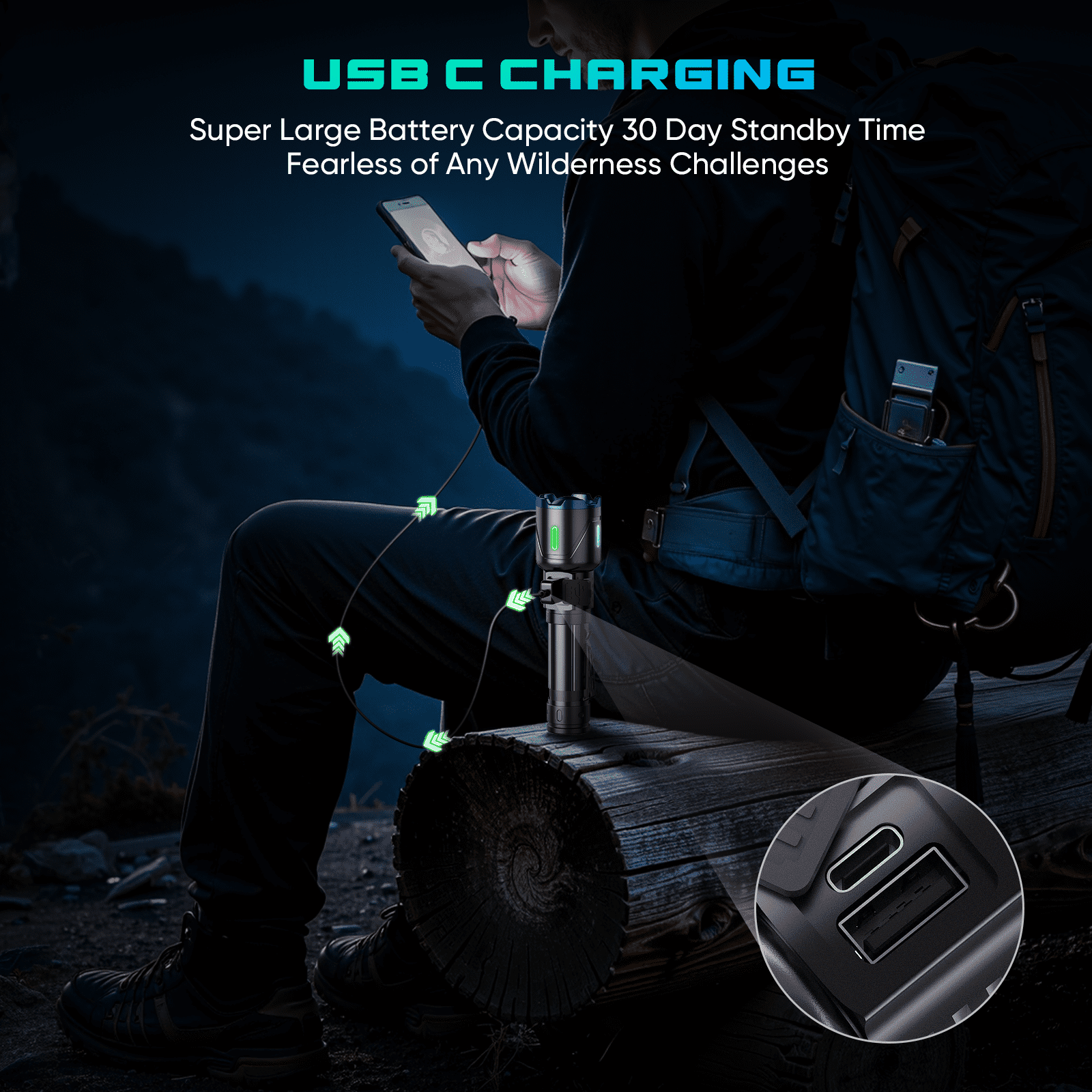 Juyafio Rechargeable LED Flashlight, High-Lumen Zoomable Handheld Light with LCD Power Display (Black, 5000mAh) f45vy