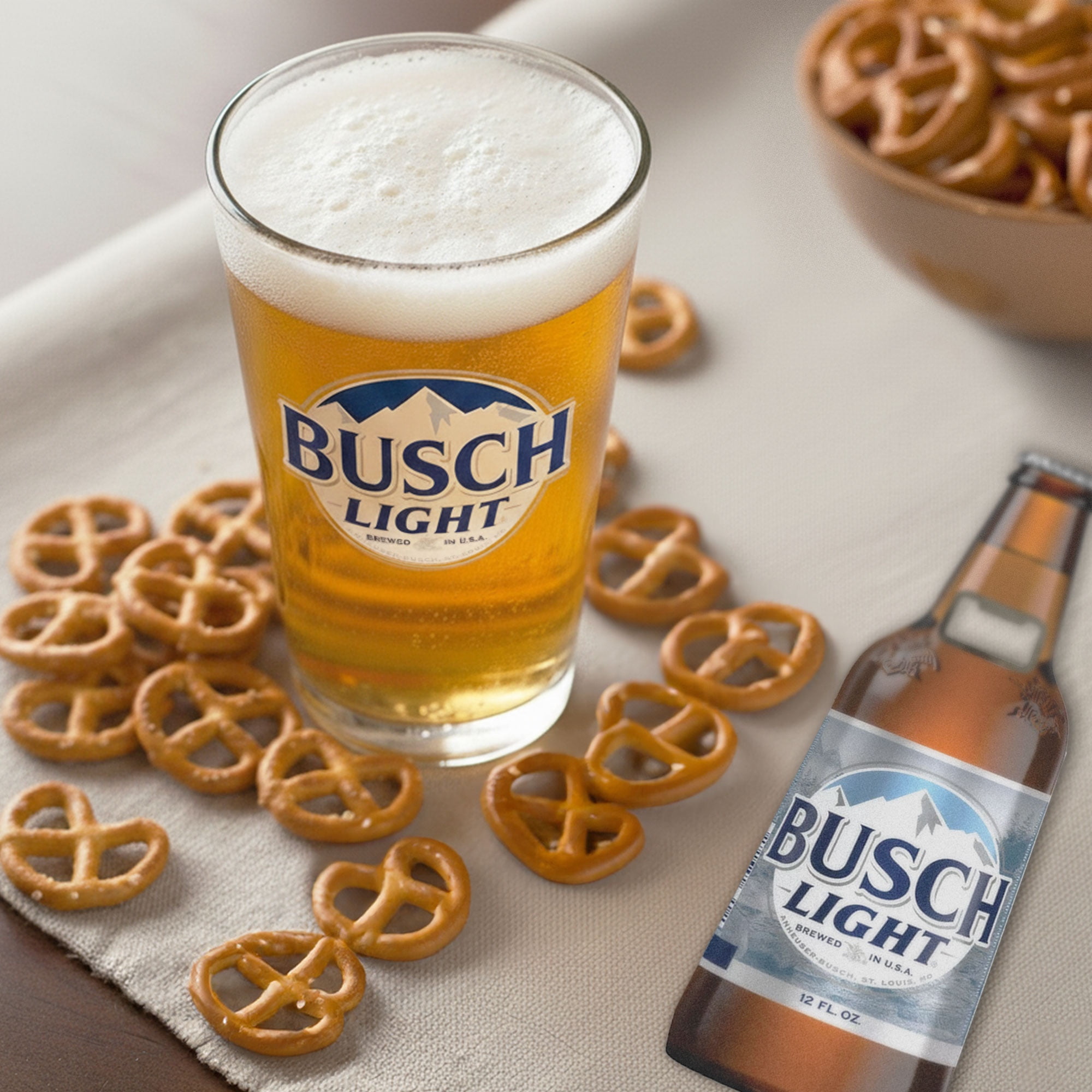 Busch Light Pint Glass and Opener Gift Set with Pretzel Twists (16 oz Glass, 1 oz Pretzels) r2hjv
