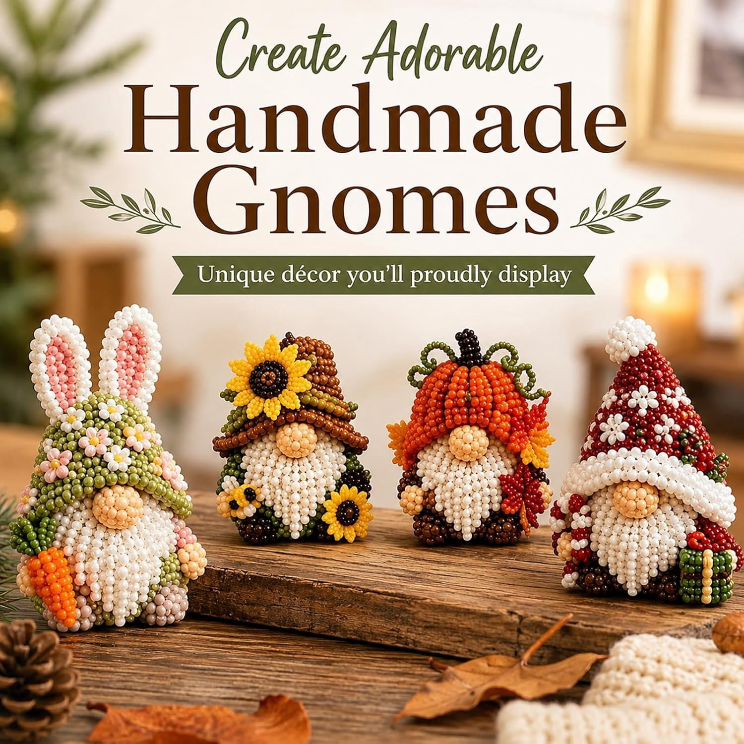 Jiapai Home 3D Beaded Gnome DIY Craft Kit, Beginner-Friendly Handmade Miniature Gnome Set (4-Piece Collection) 0gyuf