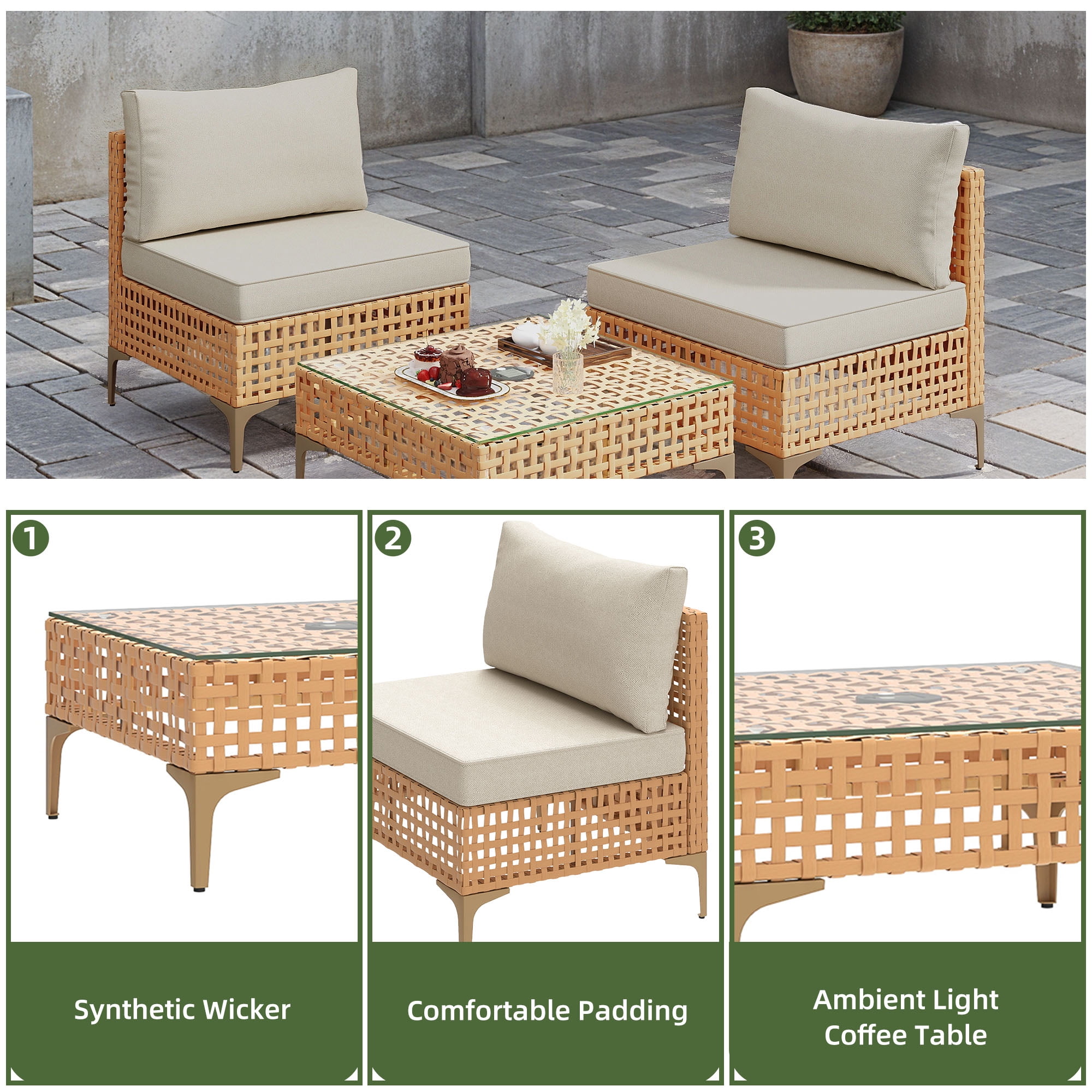 Uforic 3-Piece Outdoor Patio Furniture Set, Rattan Wicker Conversation Bistro Set with Solar LED Coffee Table (Beige, 3 Pieces) e8a6s