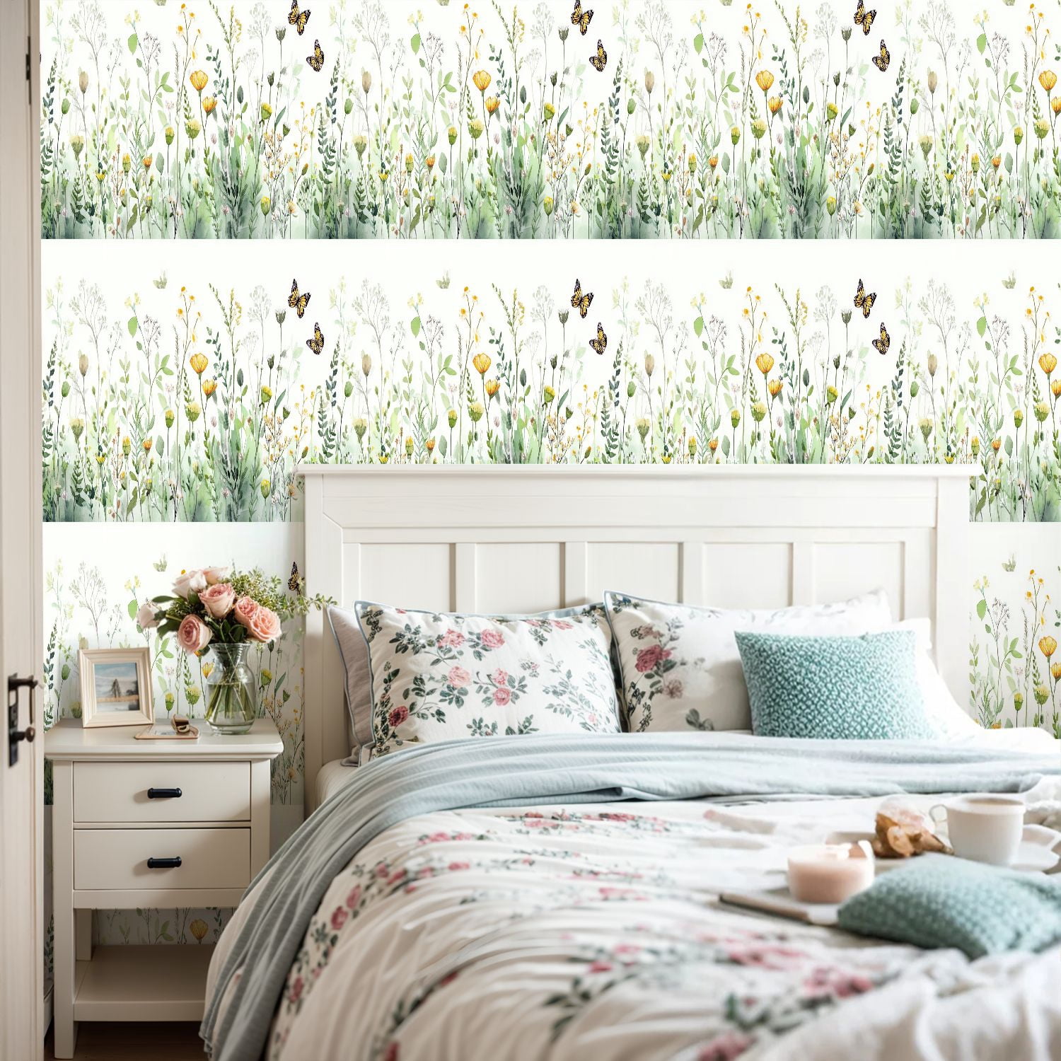 VETEB Peel and Stick Wallpaper Floral Abstract Yellow Flowers and Green Leaves (Yellow, 24 in x 118 in) kqroo