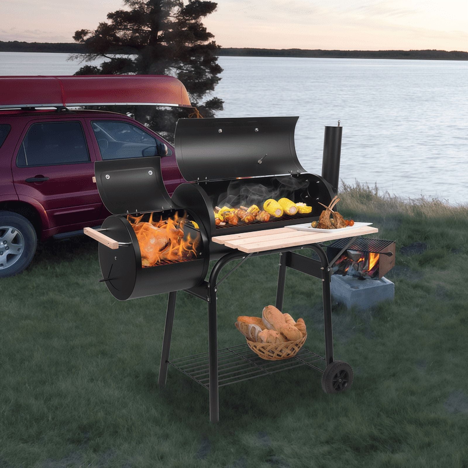 Gundir Charcoal Grill with Offset Smoker, Outdoor BBQ Grill with Thermometer and Adjustable Damper (Black, 44 in) zzc60