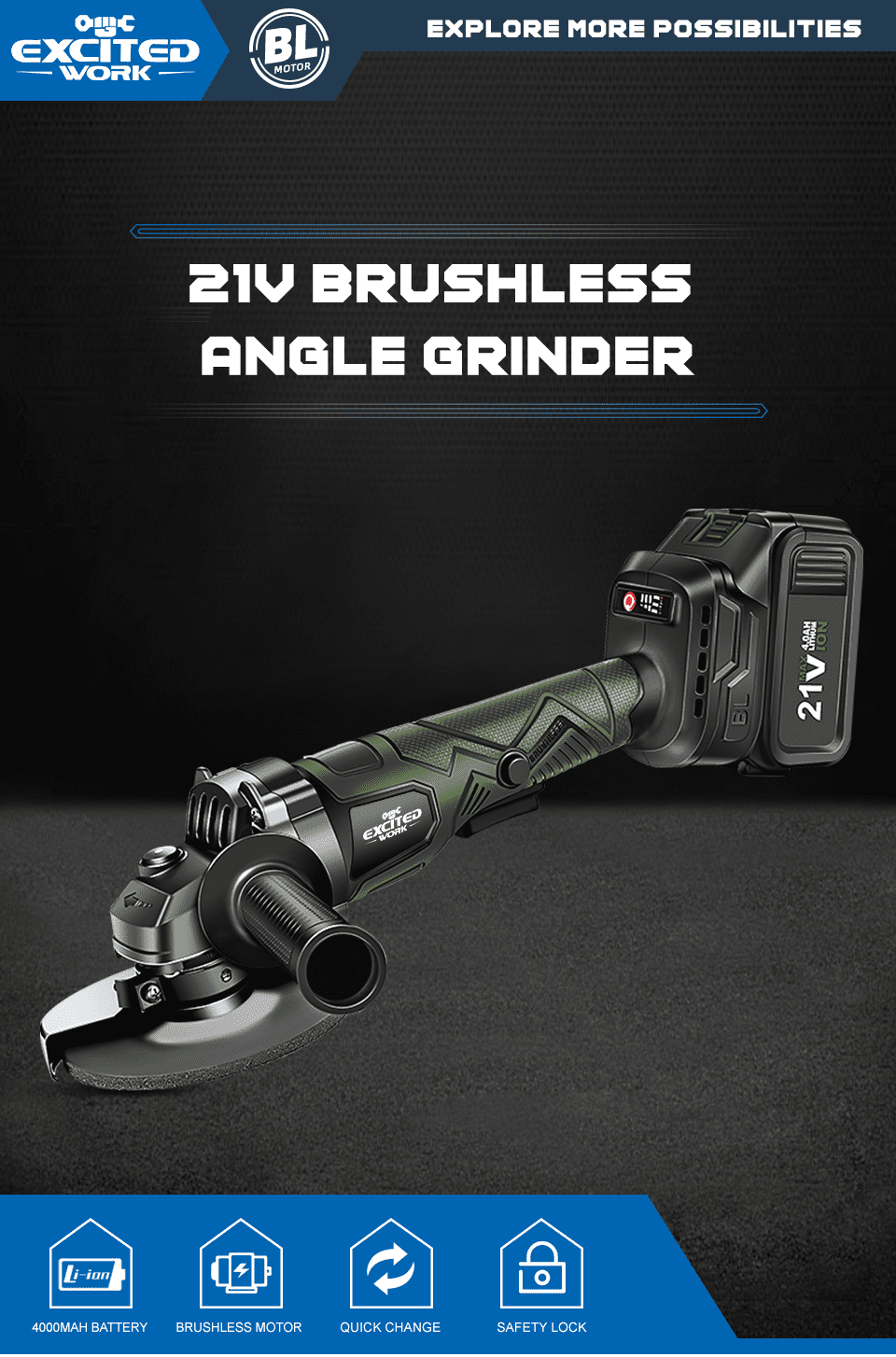 EXCITED WORK 21V Cordless Angle Grinder, Brushless Electric Metal Cutting Tool with 2 Batteries and Fast Charger (Green, 4.5 in) ikliu