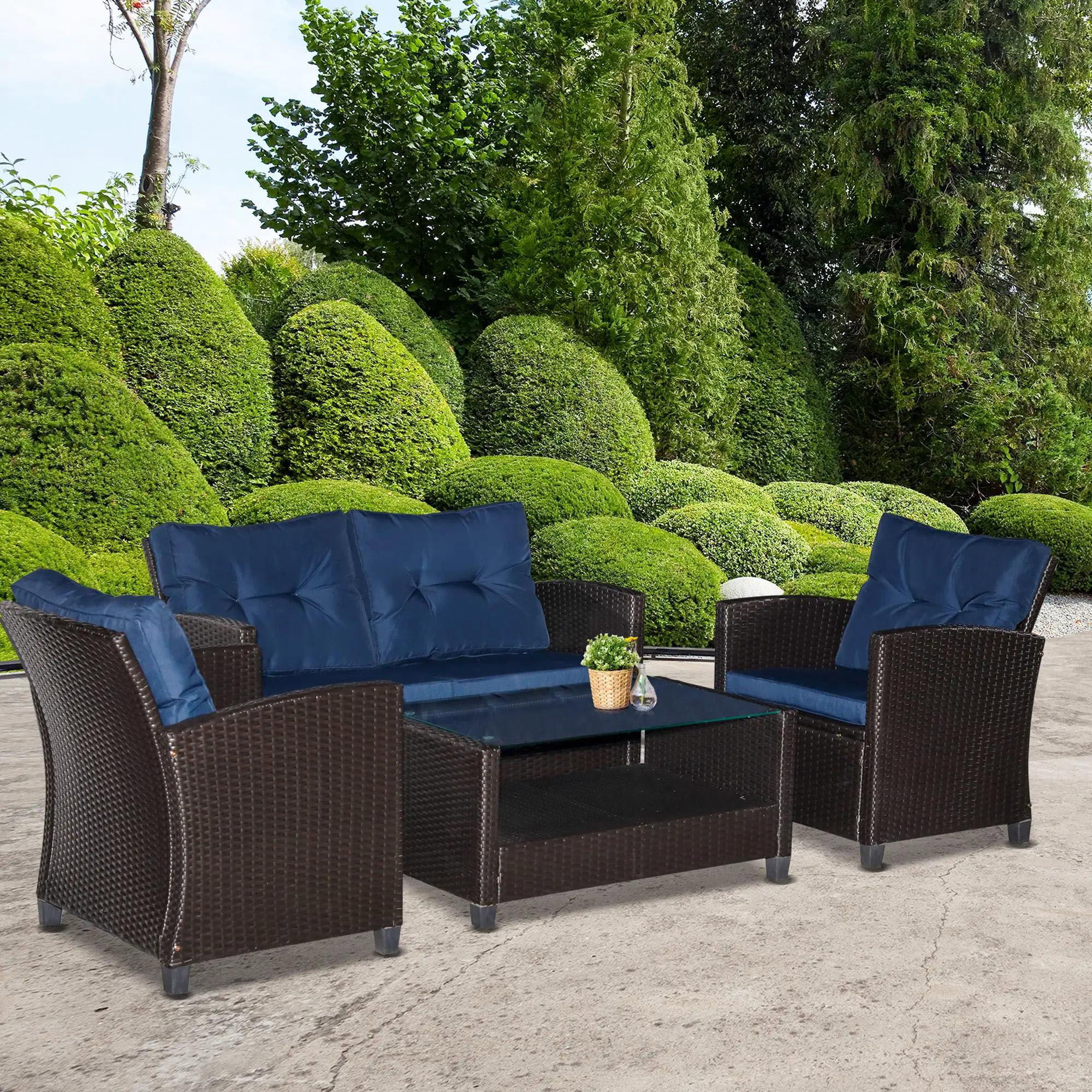 Resenkos 4-Piece Patio Furniture Set, Outdoor Sectional Sofa with Cushions (Blue, 4-Piece) rqcy2