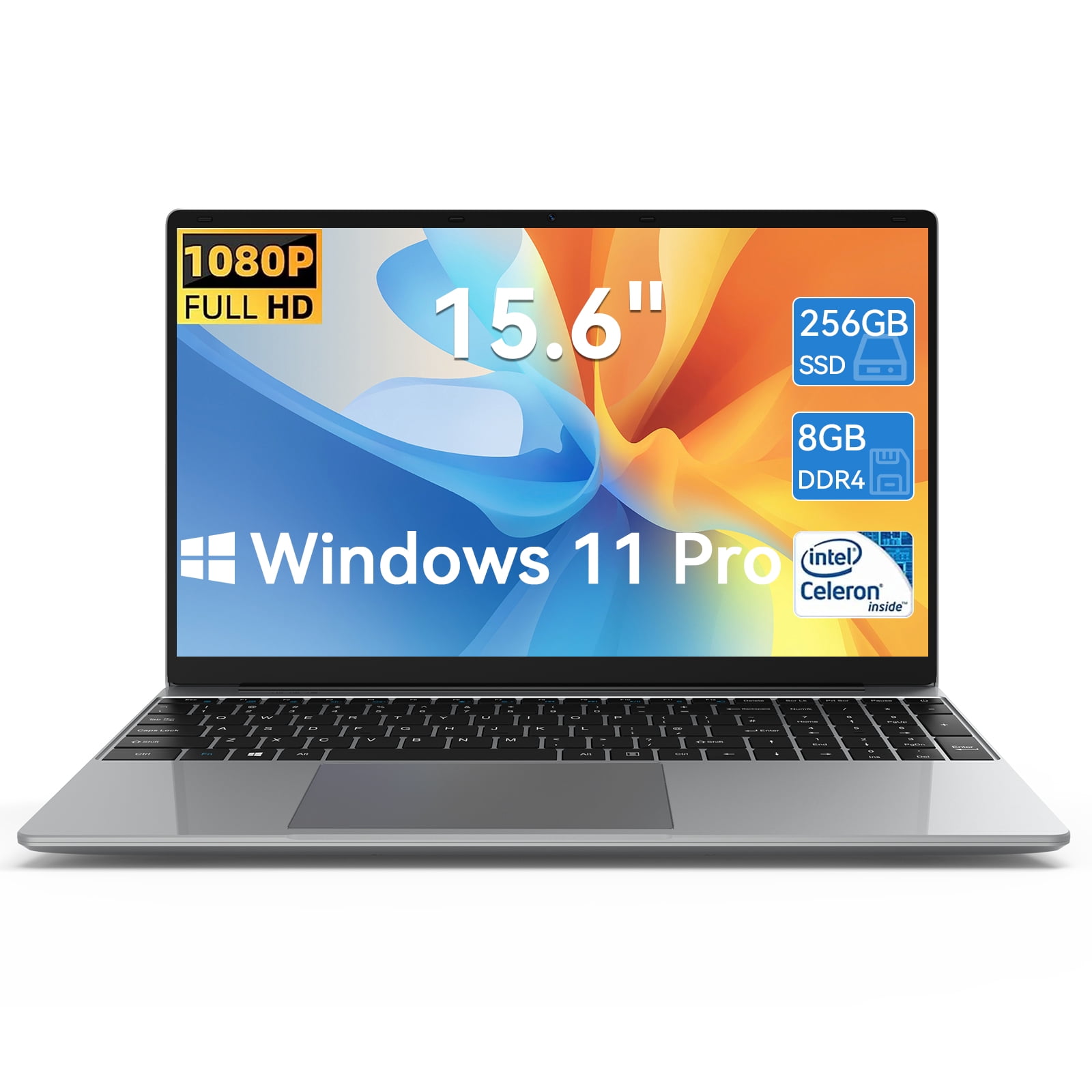 TEMLICOLO 15.6 in Laptop Windows 11 Pro Intel Celeron 8GB RAM 256GB SSD Full HD IPS Display (Silver, 15.6 in) 97p24
