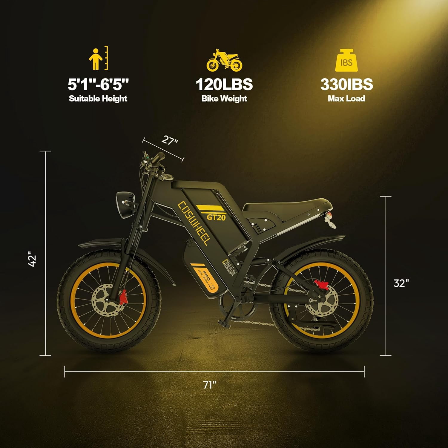 Coswheel GT20 Pro Electric Dirt Bike, 4000W Dual Motor Off-Road E-Bike, Full Suspension, 48V 40Ah Battery, 20 in x 4 in Fat Tires (Black, One Size) gr5iu
