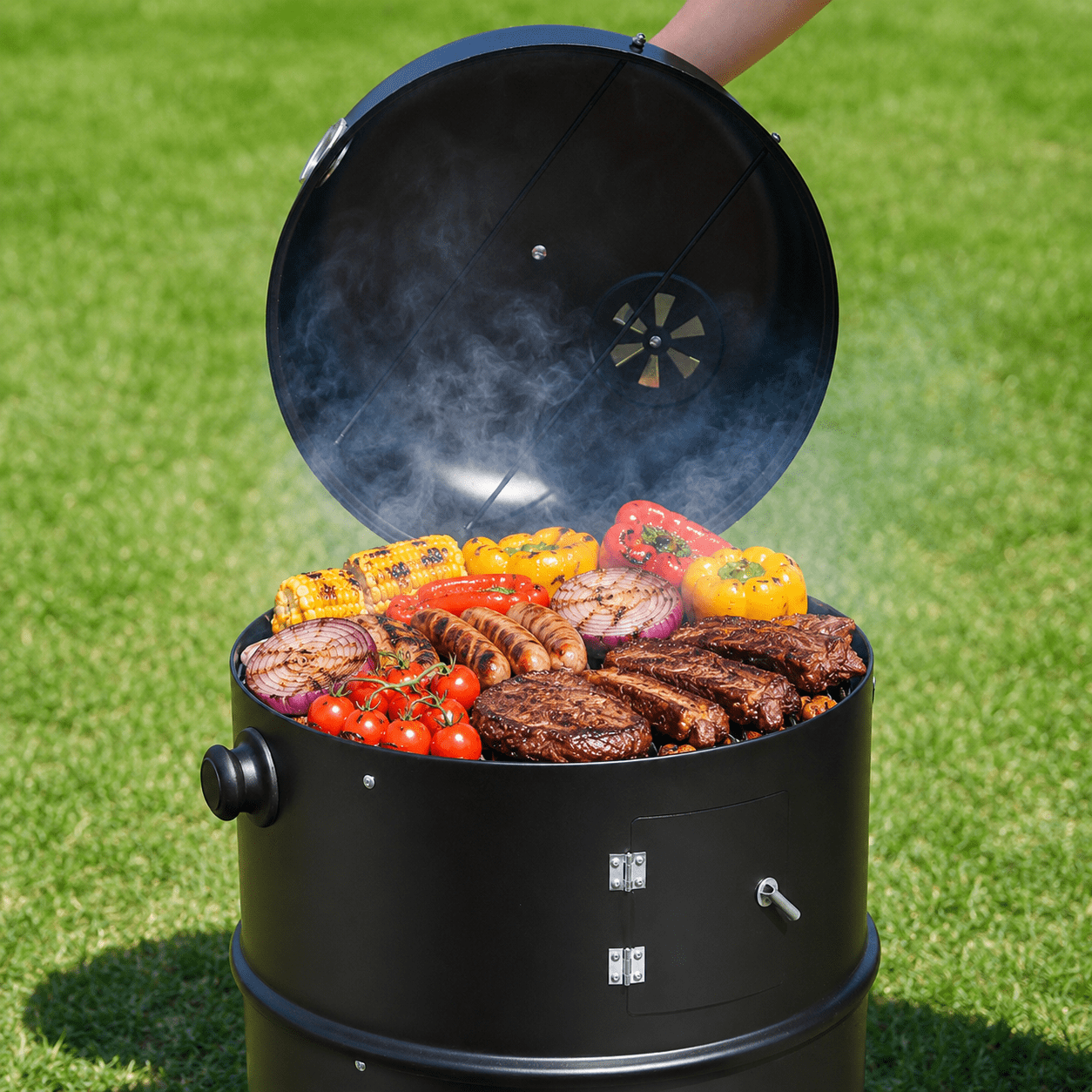 KingChii 3-in-1 Vertical Charcoal Smoker Grill (Black, 20.5 in x 16 in x 32 in) 356yc
