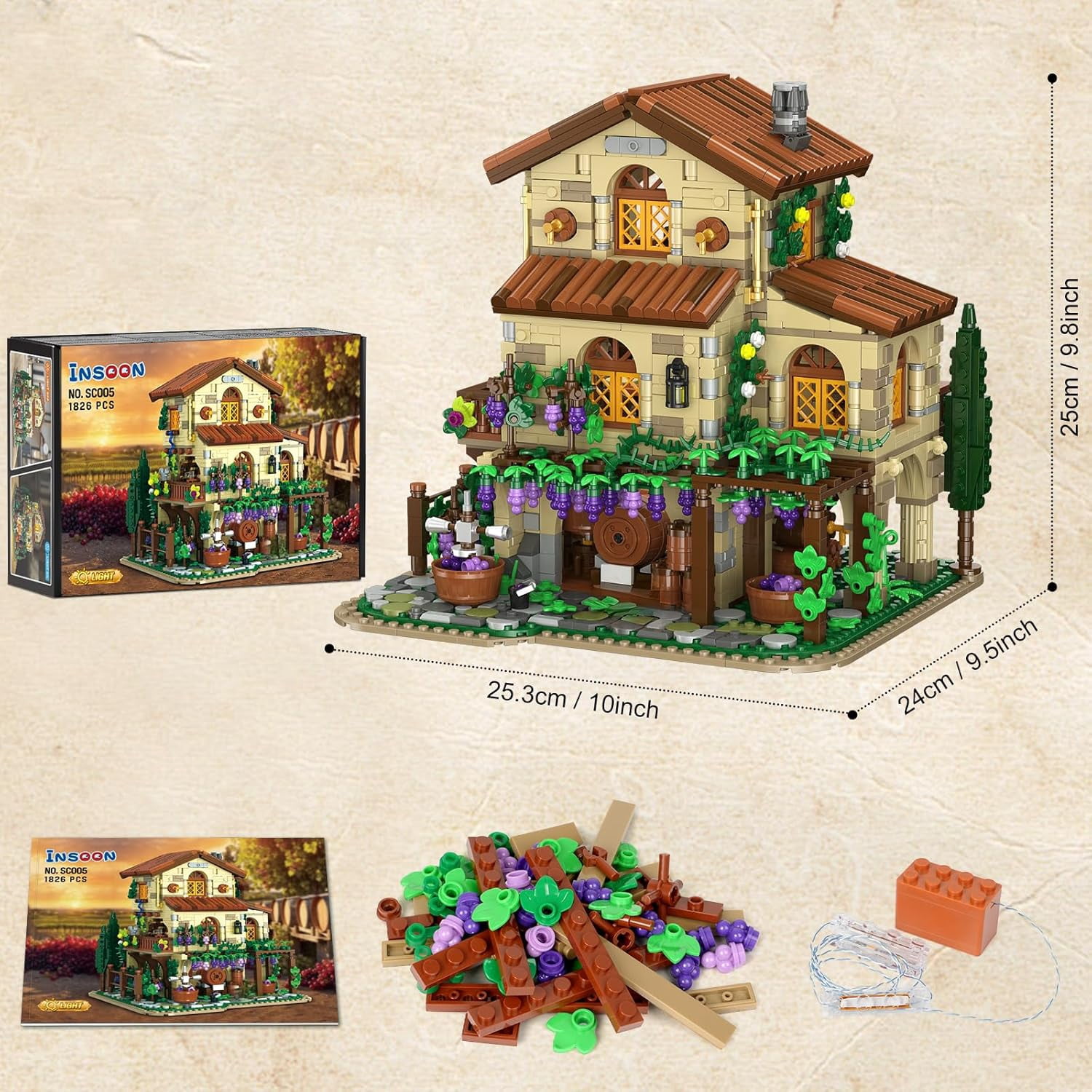 TERRAMUS Vineyard Winery Castle Building Set with LED Lights (1826 Pieces, 10 x 9.5 x 9.8 in) q36qk