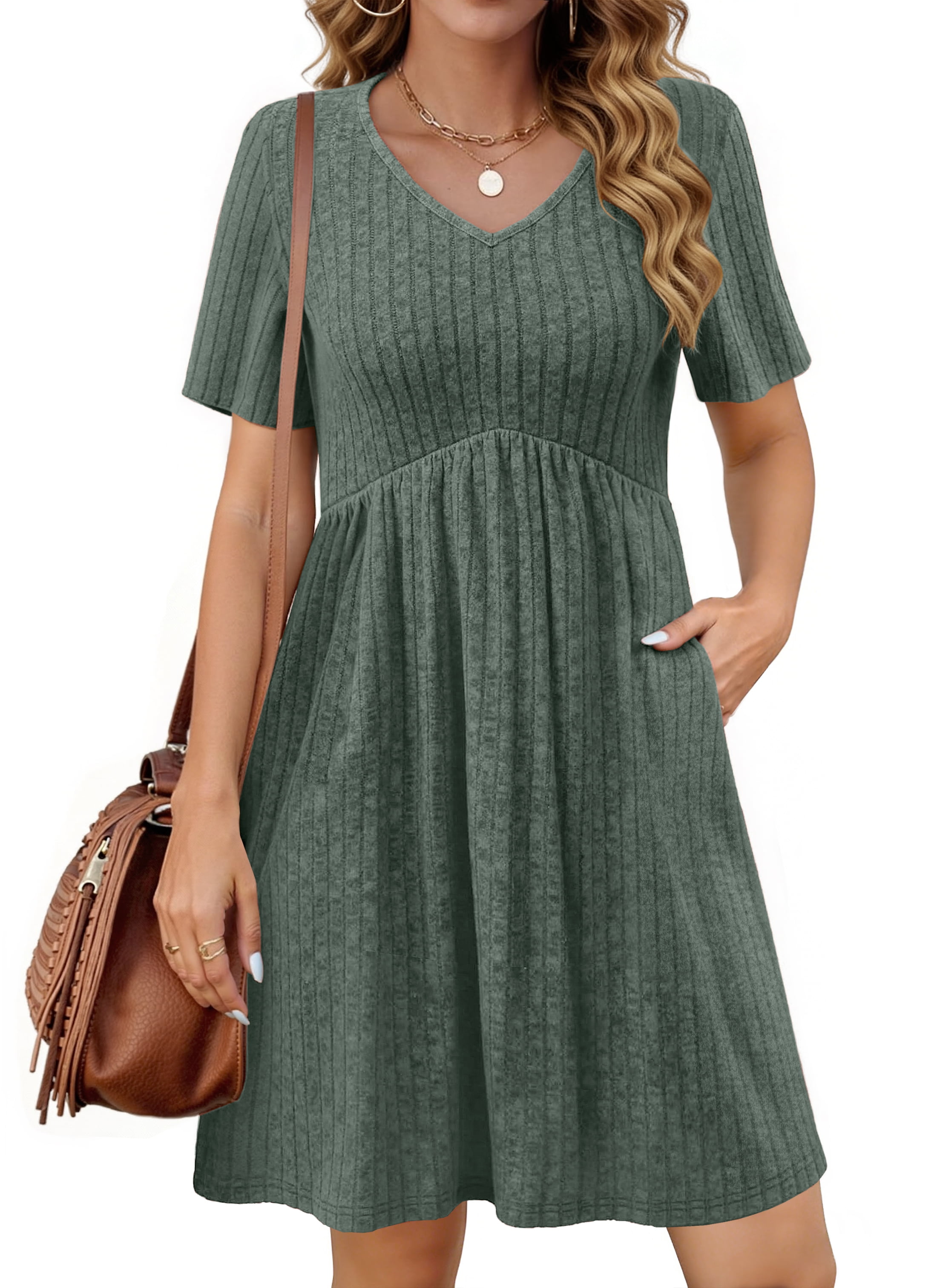 Fantaslook Women's V-Neck Midi Dress Short Sleeve Empire Waist Casual Tunic with Pockets (Green, L) 4ck2p