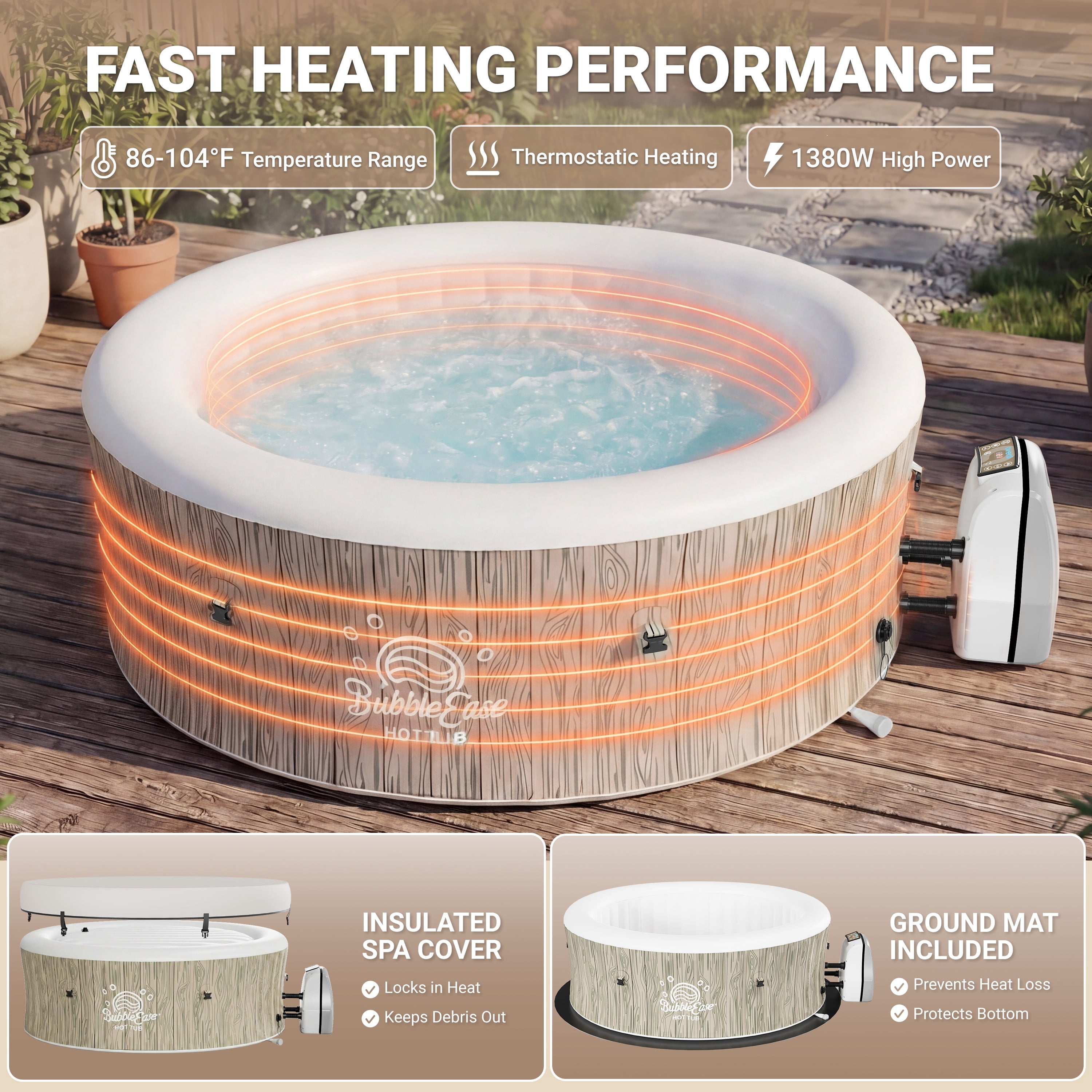 Segmart Inflatable Hot Tub, 8-Person Portable Outdoor Spa with 140 Bubble Jets and Heating System (Brown, 80 in) 9347c