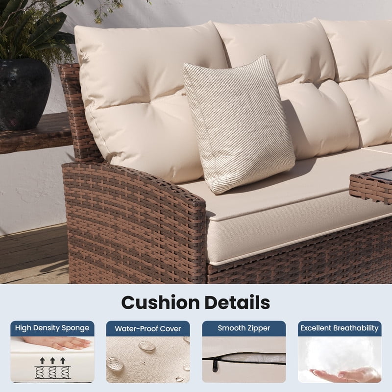Amopatio 7-Piece Outdoor Patio Furniture Set, All-Weather Rattan Sectional Sofa with Dining Table and Ottomans (Khaki, 7-Piece Set) e1s41