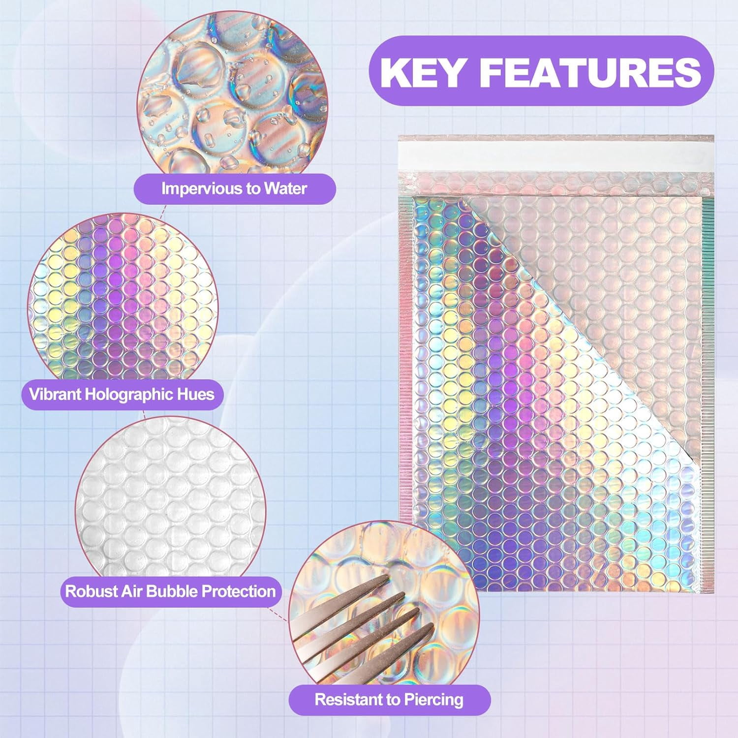 Jutoe Metallic Bubble Mailers, Holographic Padded Shipping Envelopes with Thank You Cards and Stickers (Silver, 50 Pack) g12ab
