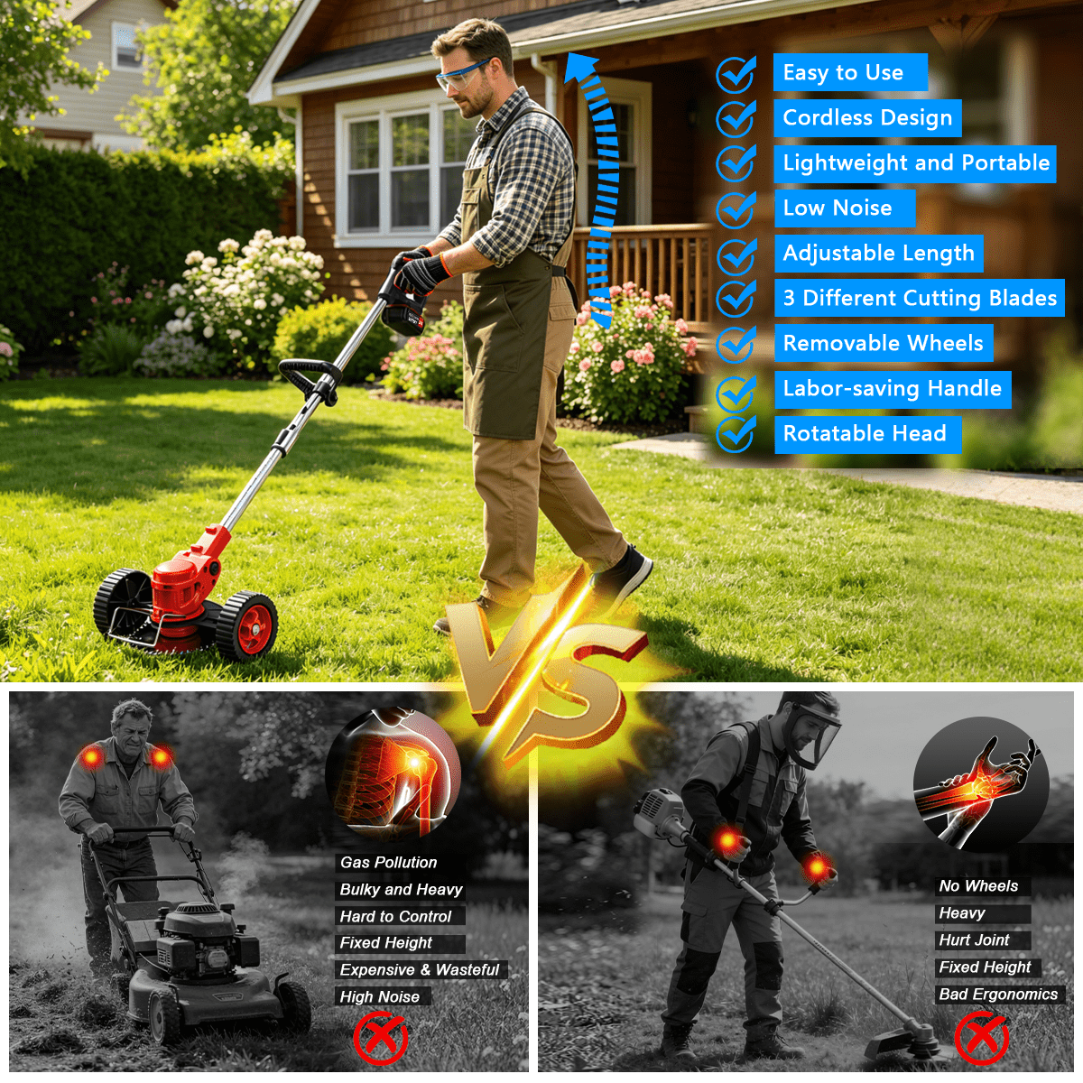 TNTANTS Cordless Electric Weed Wacker, 3-in-1 Grass Trimmer, Edger, and Brush Cutter with 2 Batteries and Wheels (Red, 46.5 in) 04gwl