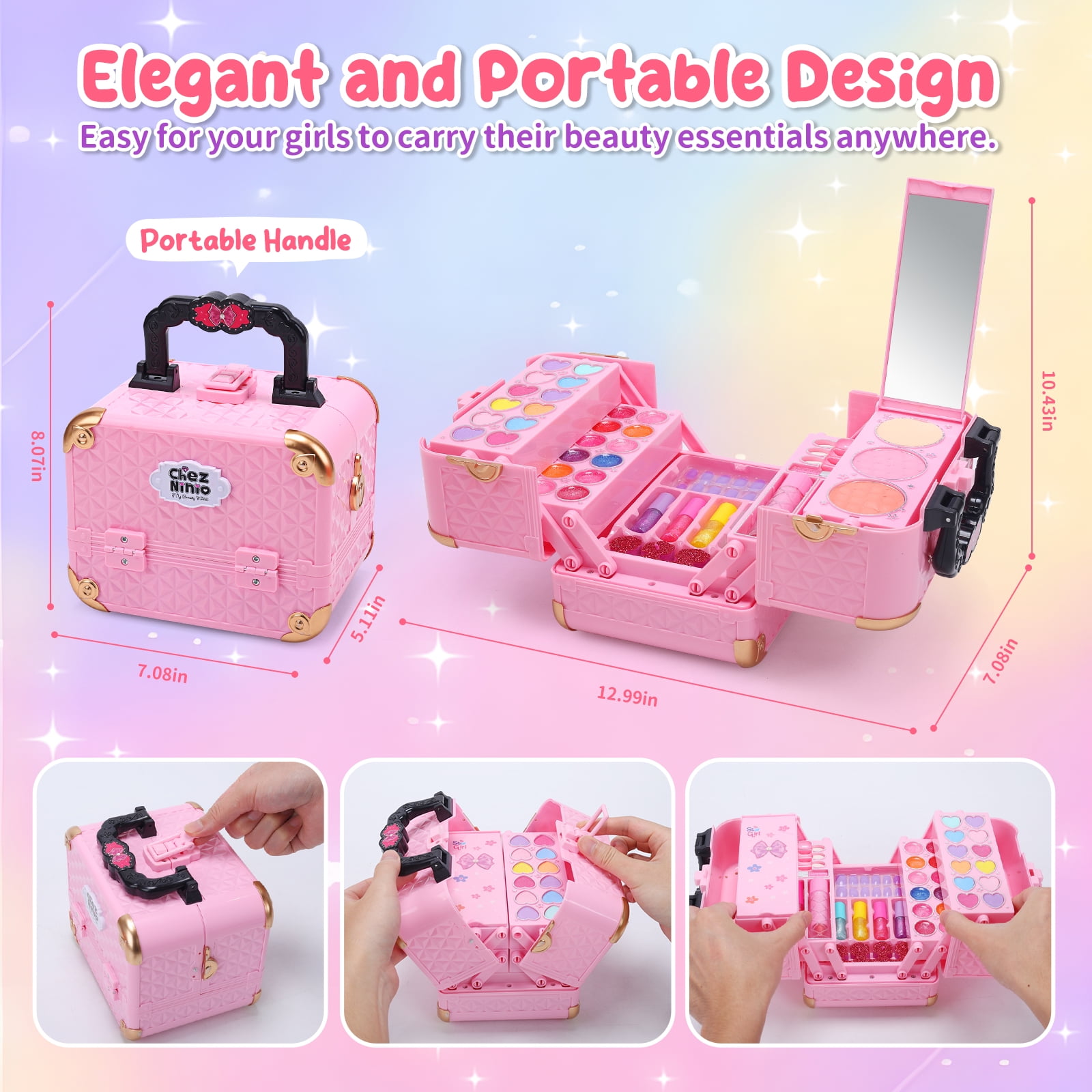 JoyStone Kids Washable Makeup Kit, Pretend Play Vanity Set with Carrying Case (Pink, 62-Piece Set) 6yhxu