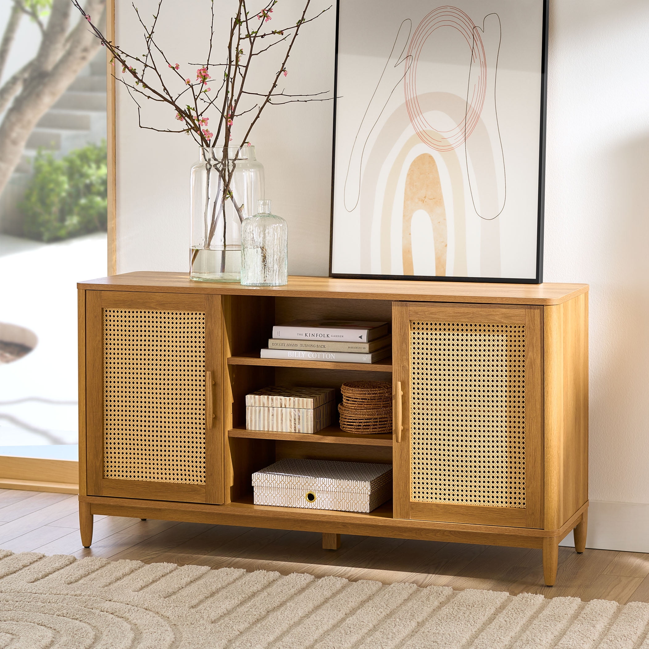 Better Homes & Gardens Springwood Cane TV Stand with Rattan Doors (Light Honey, 57.01 in L x 18.03 in W x 31.02 in H) ozi7a