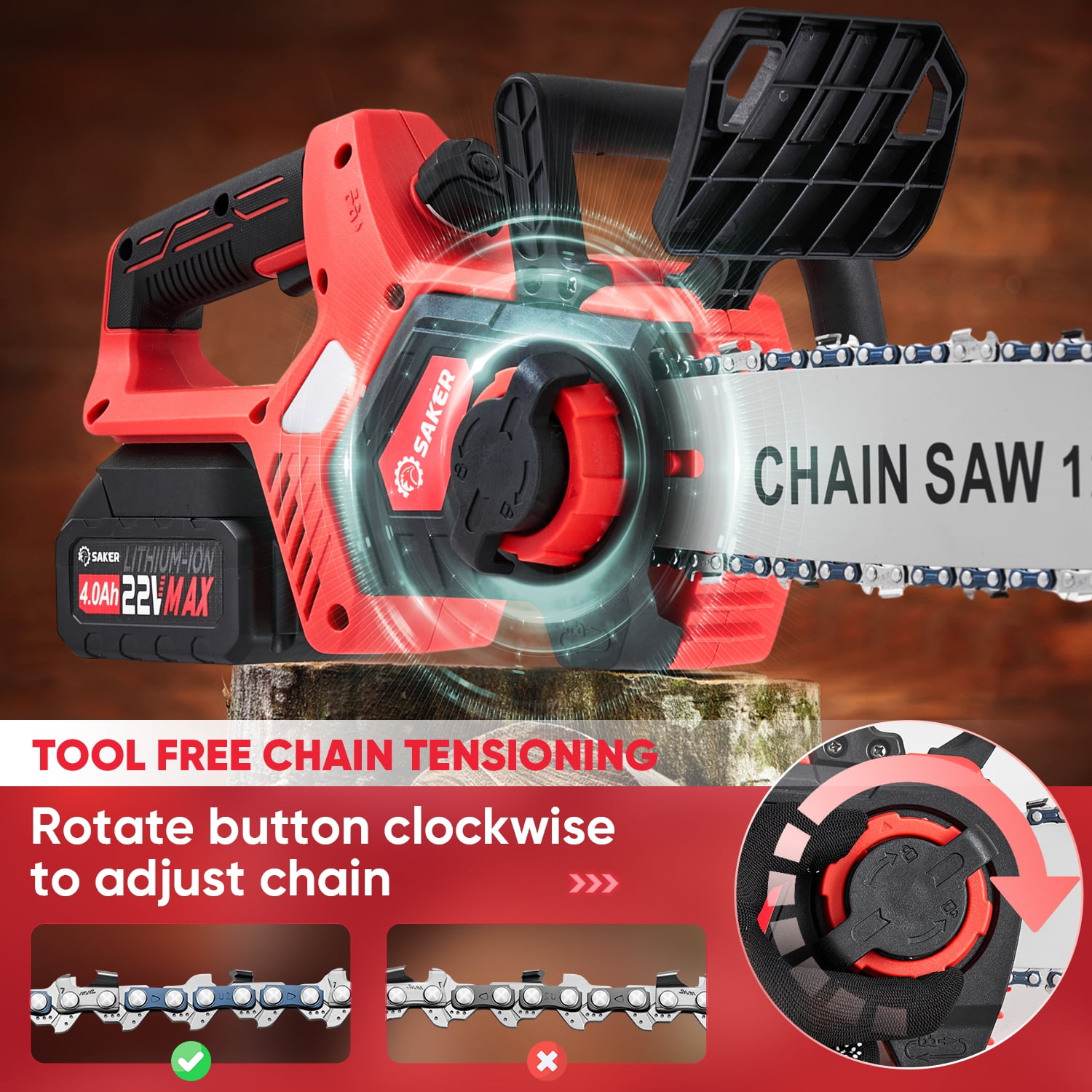 Saker 12 in 22V 4.0Ah Cordless Electric Chainsaw, Auto-Tension, LED Power Display (12 in) zxyz3