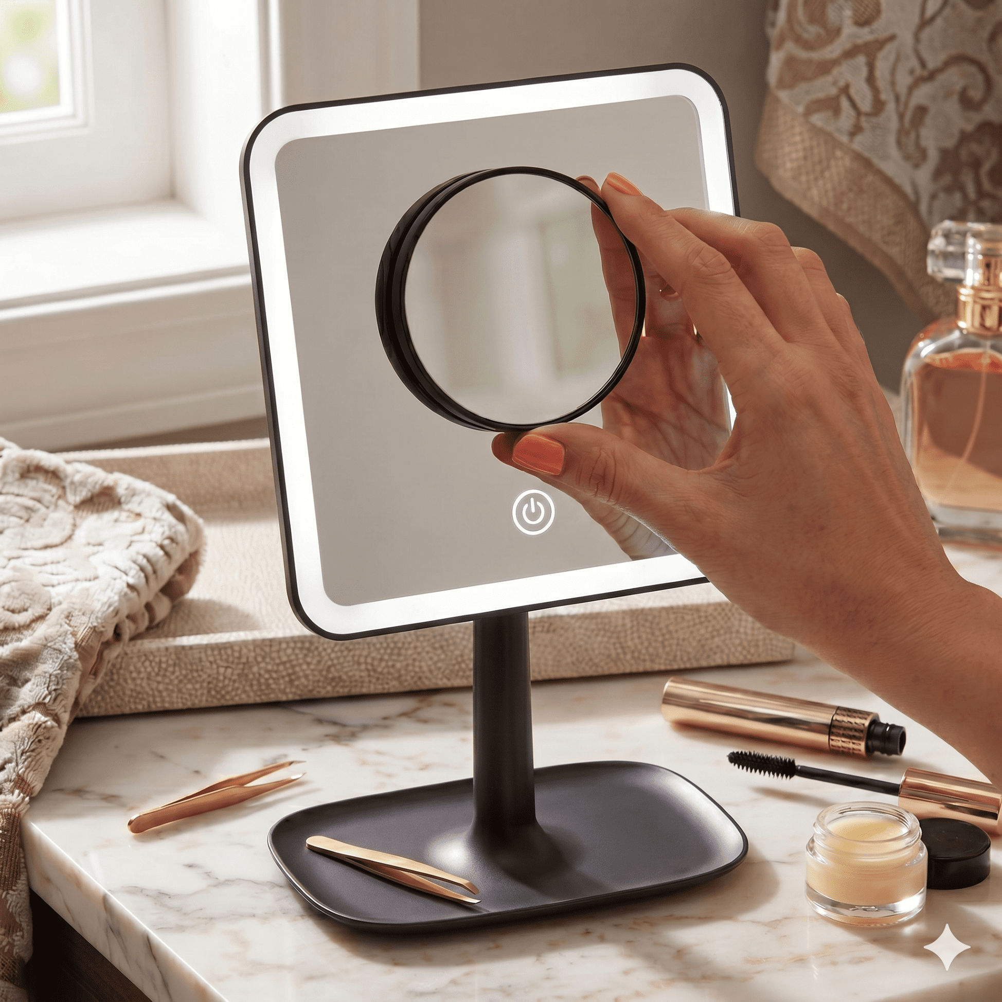 Mainstays LED Lighted Vanity Makeup Mirror with 5X Magnification and Storage Tray (Black, 1 Unit) vwn10