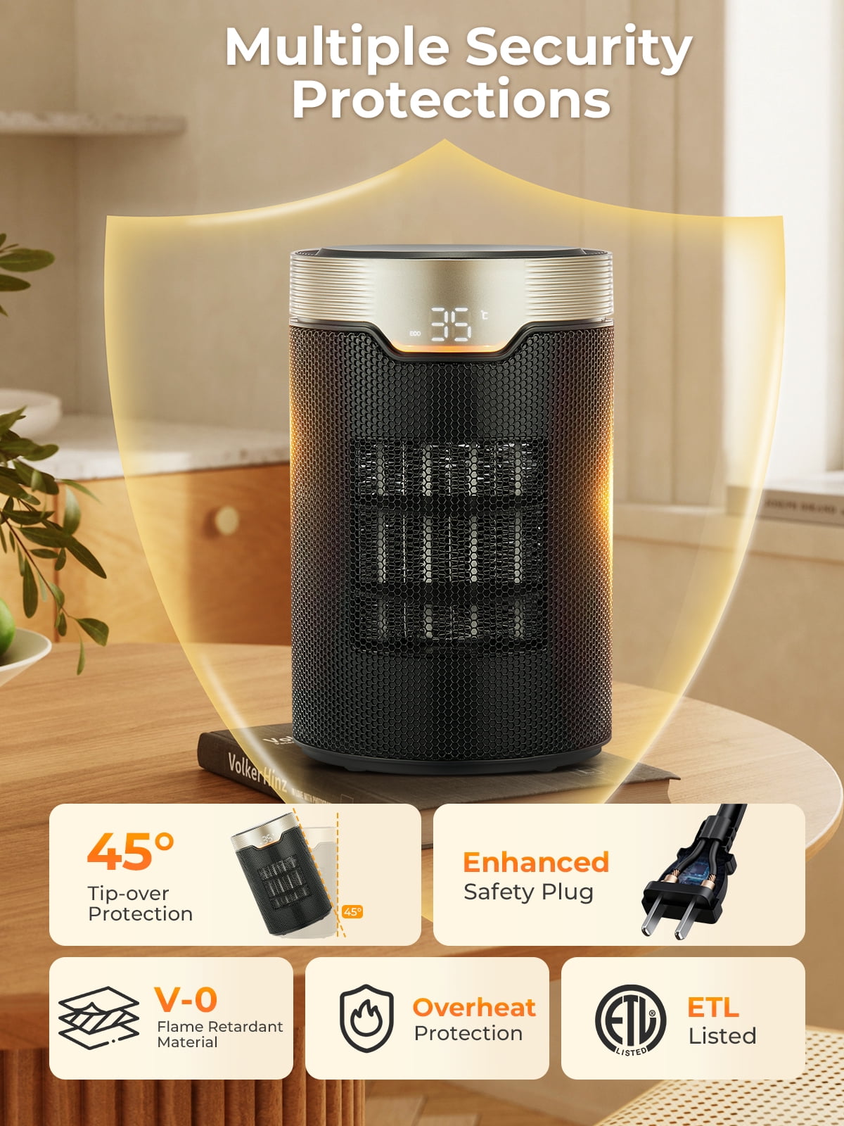 FOHERE Portable Electric Space Heater, Ceramic Indoor Heater with Digital Thermostat and Quiet Operation (Black, 1500W) q7f8x