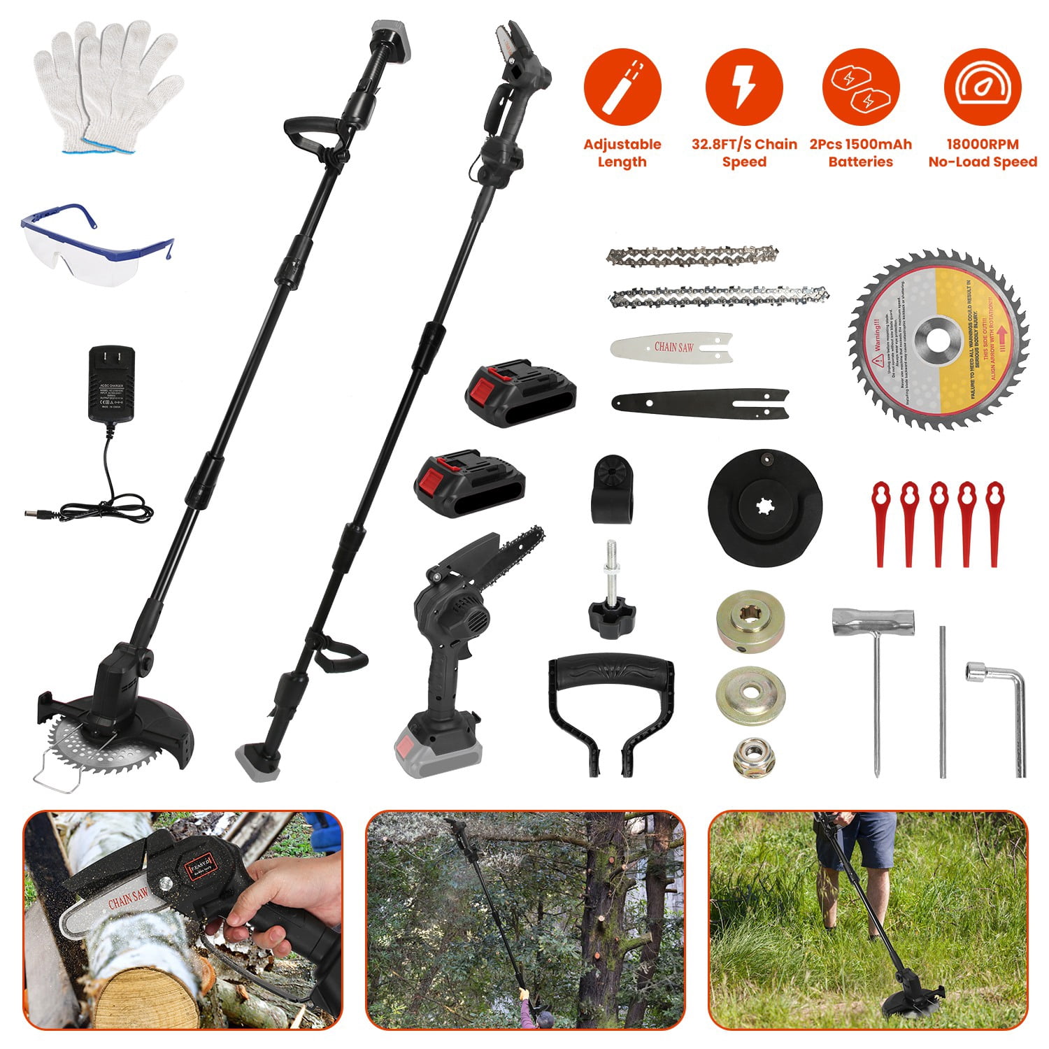 Imountek 3-in-1 Cordless Electric Pole Saw and Grass Trimmer Kit (Black, 75 in) wrdsm