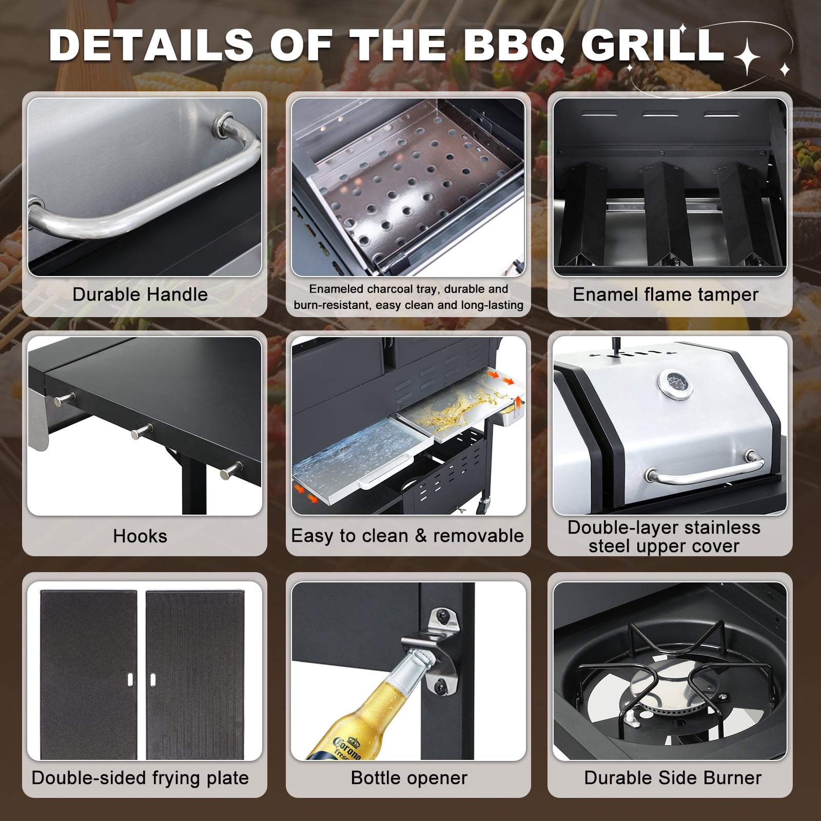 Nice Cooker Gas and Charcoal Combo Grill with Side Burner, Porcelain-Enameled Cast Iron Grates, Outdoor BBQ Grill with Storage Cabinet (Black, 37,230 BTU) wd8ti