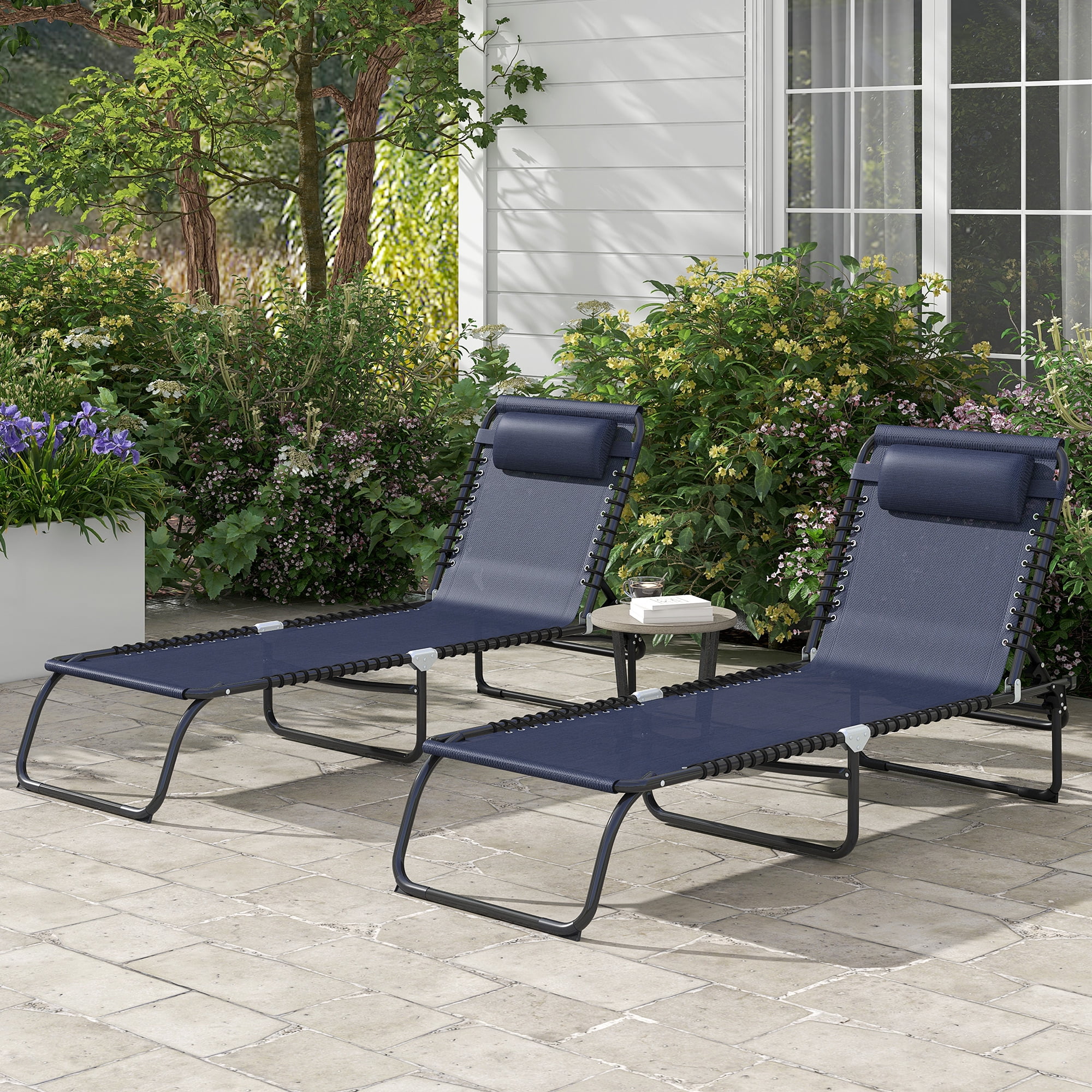 Outsunny 2-Piece Folding Reclining Chaise Lounge Set, Adjustable Outdoor Pool Chairs (Dark Blue, 77.5 in L x 22.75 in W x 11.75 in H) ji3mo