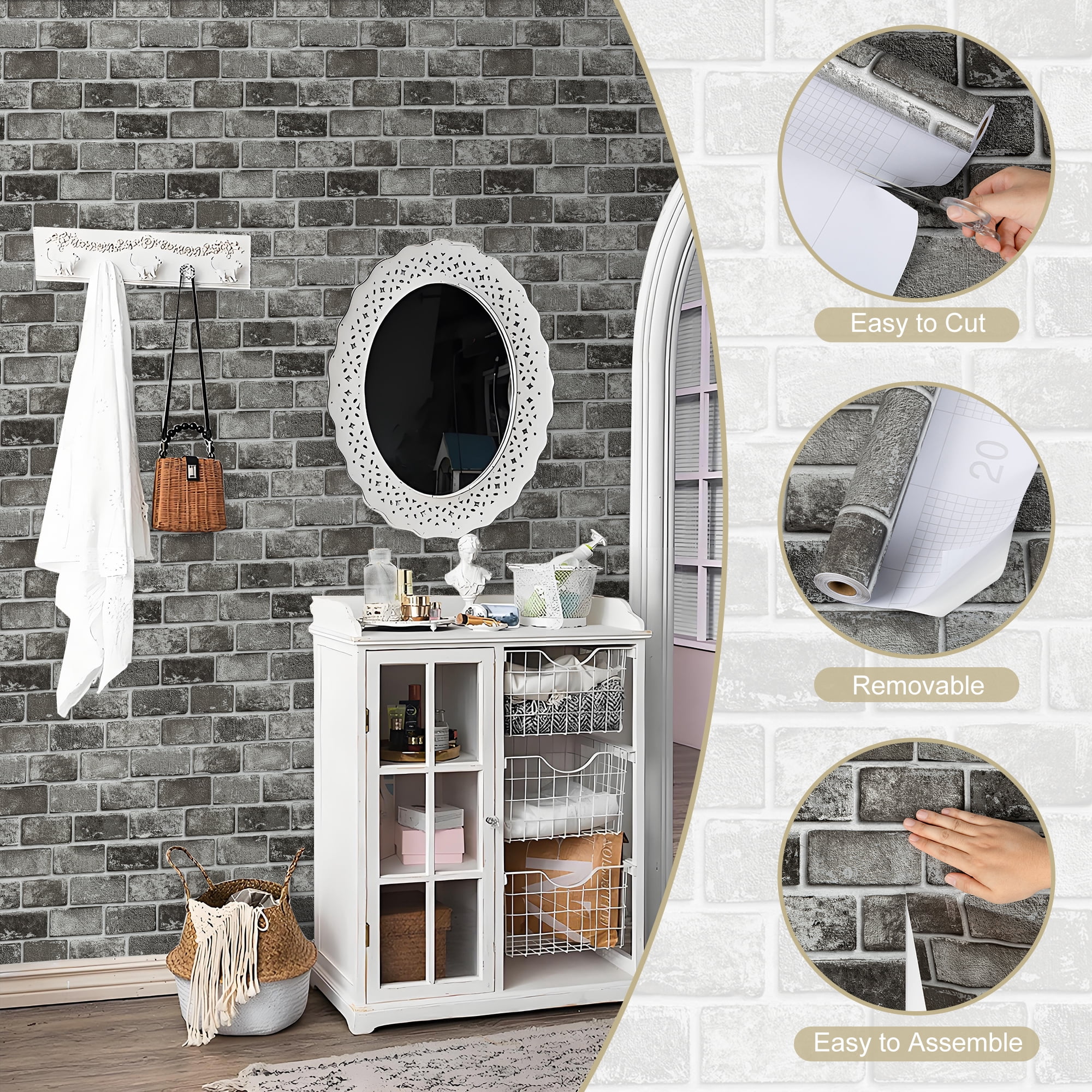 Abyssaly Peel and Stick Wallpaper, Realistic Silver-Foiled Brick Pattern, Removable Self-Adhesive Vinyl for Home Decor (Dark Gray, 17.3 in x 118 in) lv31k