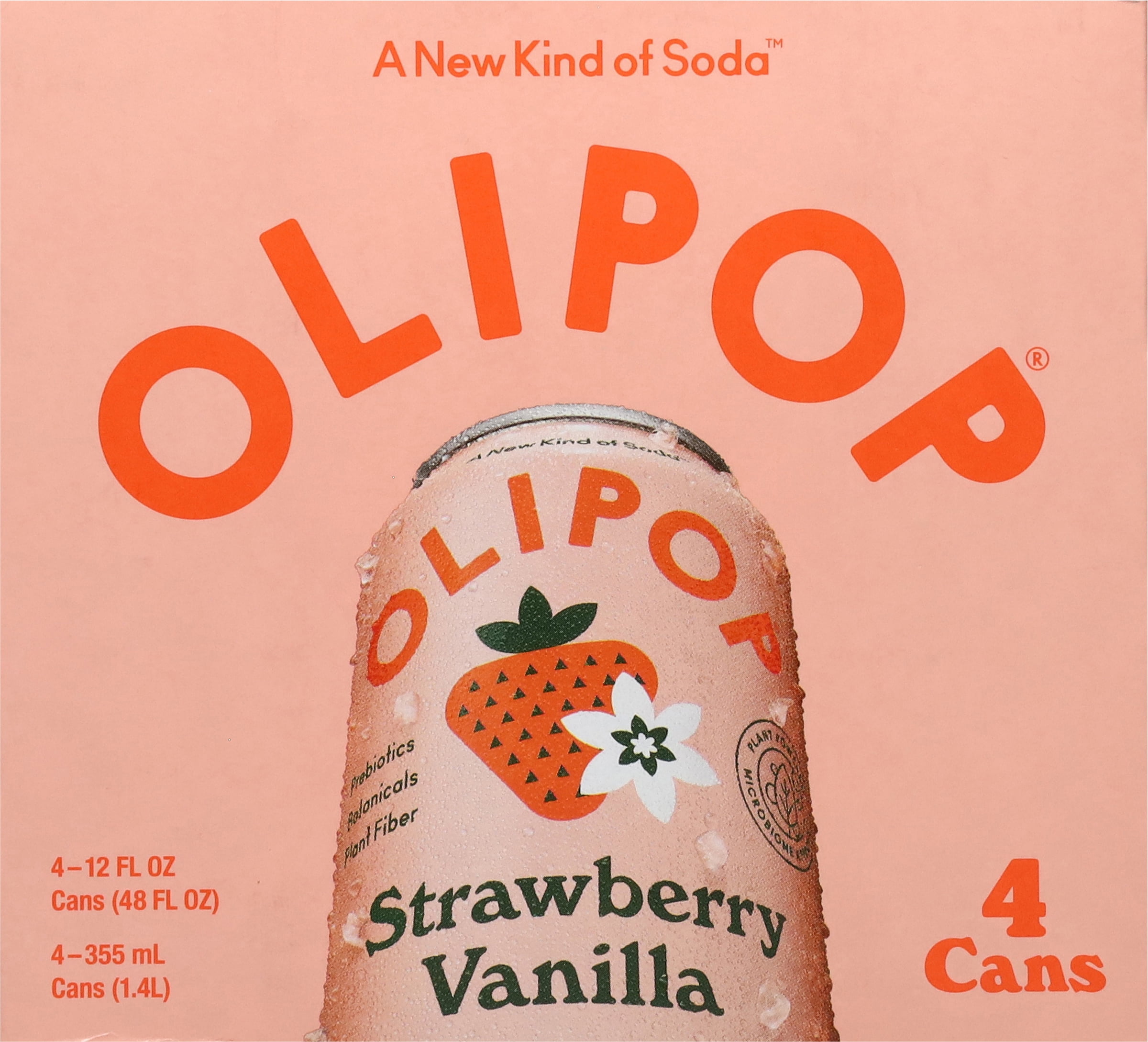 OLIPOP Prebiotic Soda, Strawberry Vanilla, Digestive Health Support Drink (4 Pack, 12 fl oz) ux7nr