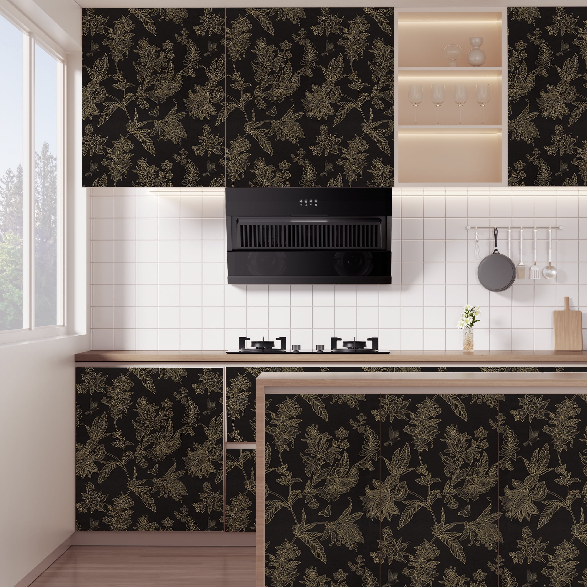 Abyssaly Floral Peel and Stick Wallpaper, Self-Adhesive Vinyl Wall Covering for Bedroom (Black, 17.5-in x 118-in) hxopv