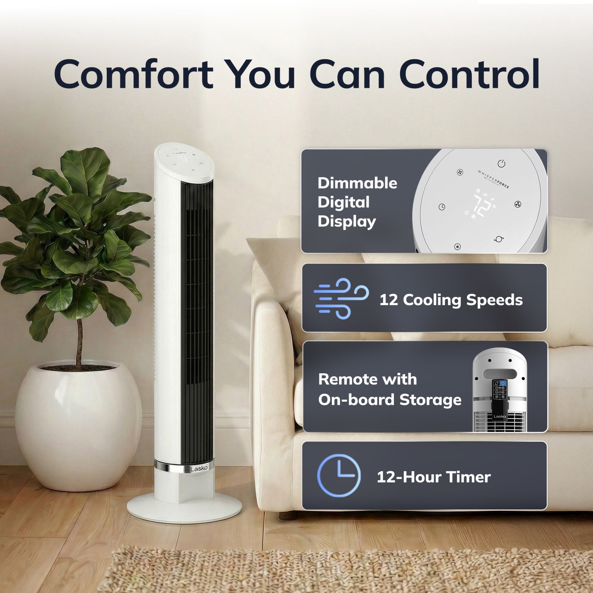 Lasko 36 in Quiet Oscillating Tower Fan with Remote Control and 12 Speeds (White, 36 in) 1fyqh