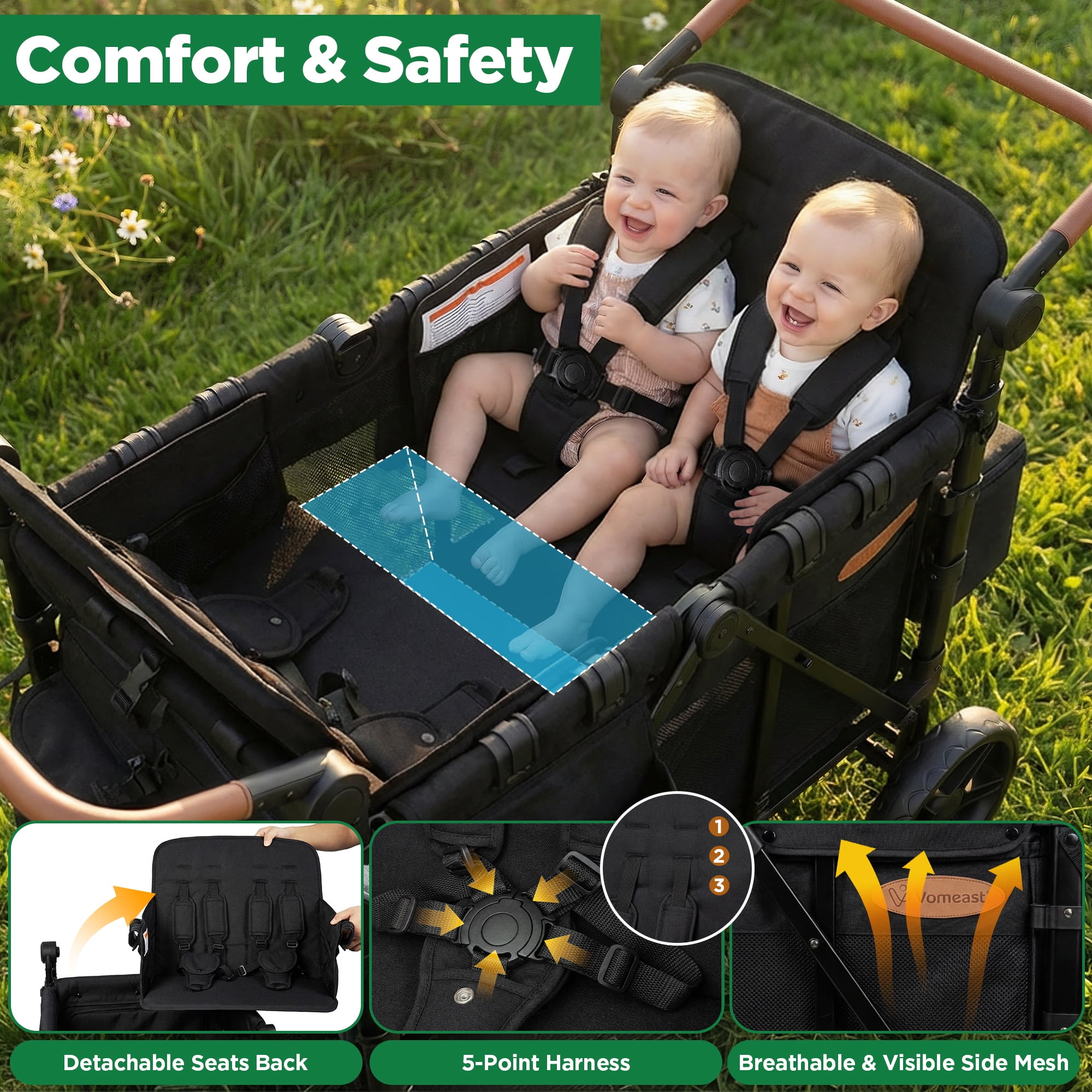 Vomeast 4-Seater Wagon Stroller for Kids, All-Terrain Outdoor Utility Stroller with Canopy and 5-Point Harness (Black, 41.34 x 28.35 x 53.94 in) 1xner