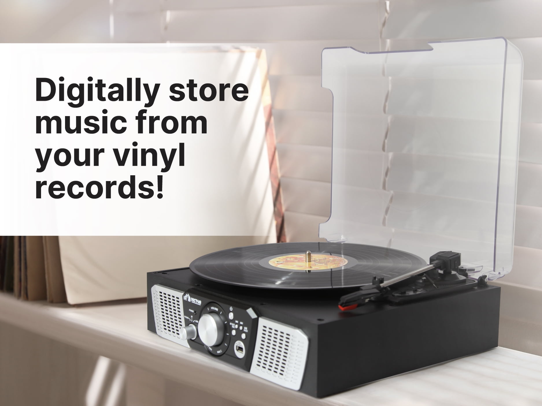 Victor Lakeshore 5-in-1 Turntable System with 3-Speed Record Player, Bluetooth, USB Recording, and Stereo Speakers (Black) 0k5pu