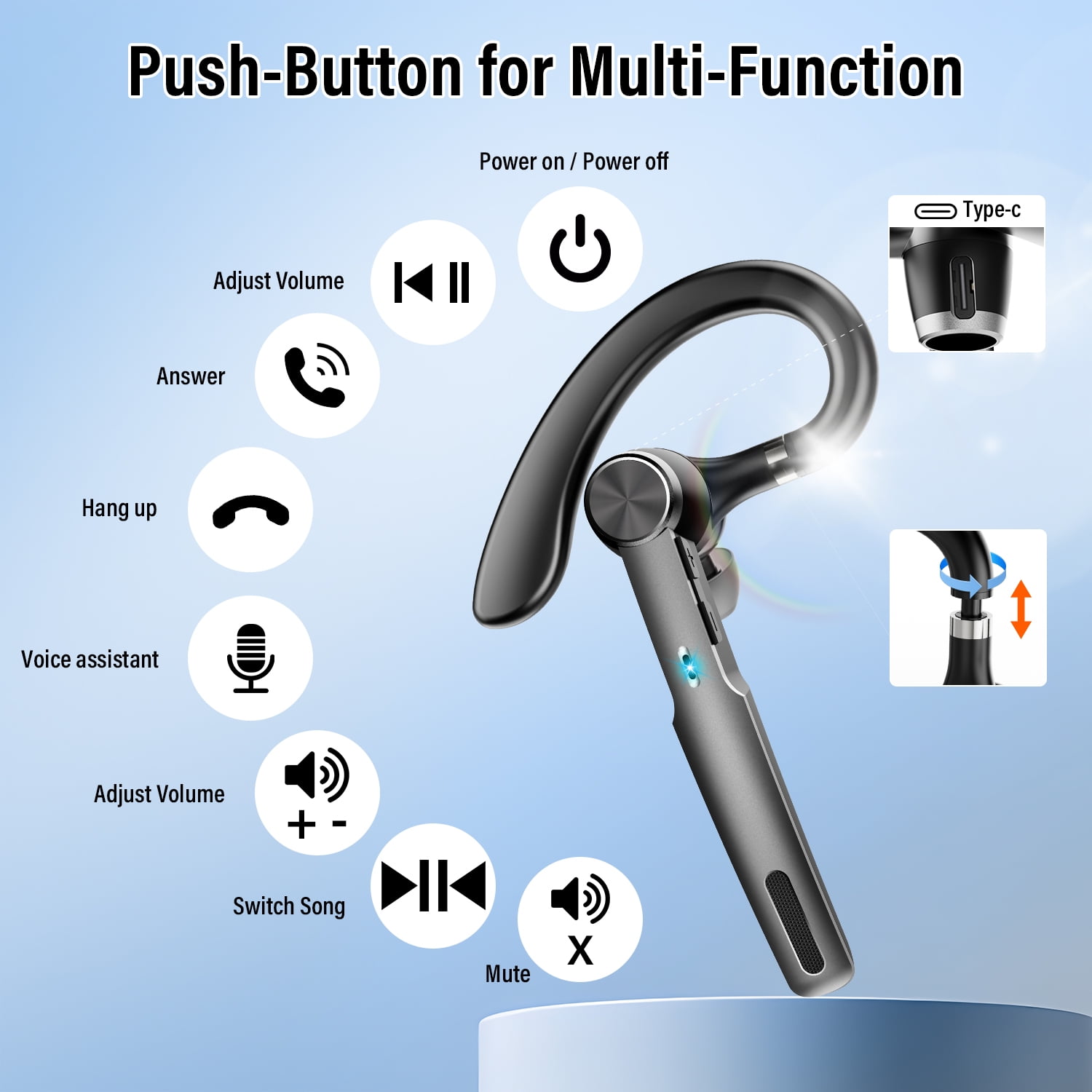 Aptkdoe Single-Ear Bluetooth Headset with ENC Microphone, Wireless Earpiece for Business and Driving (Black, 400mAh Charging Case) 1vq2c