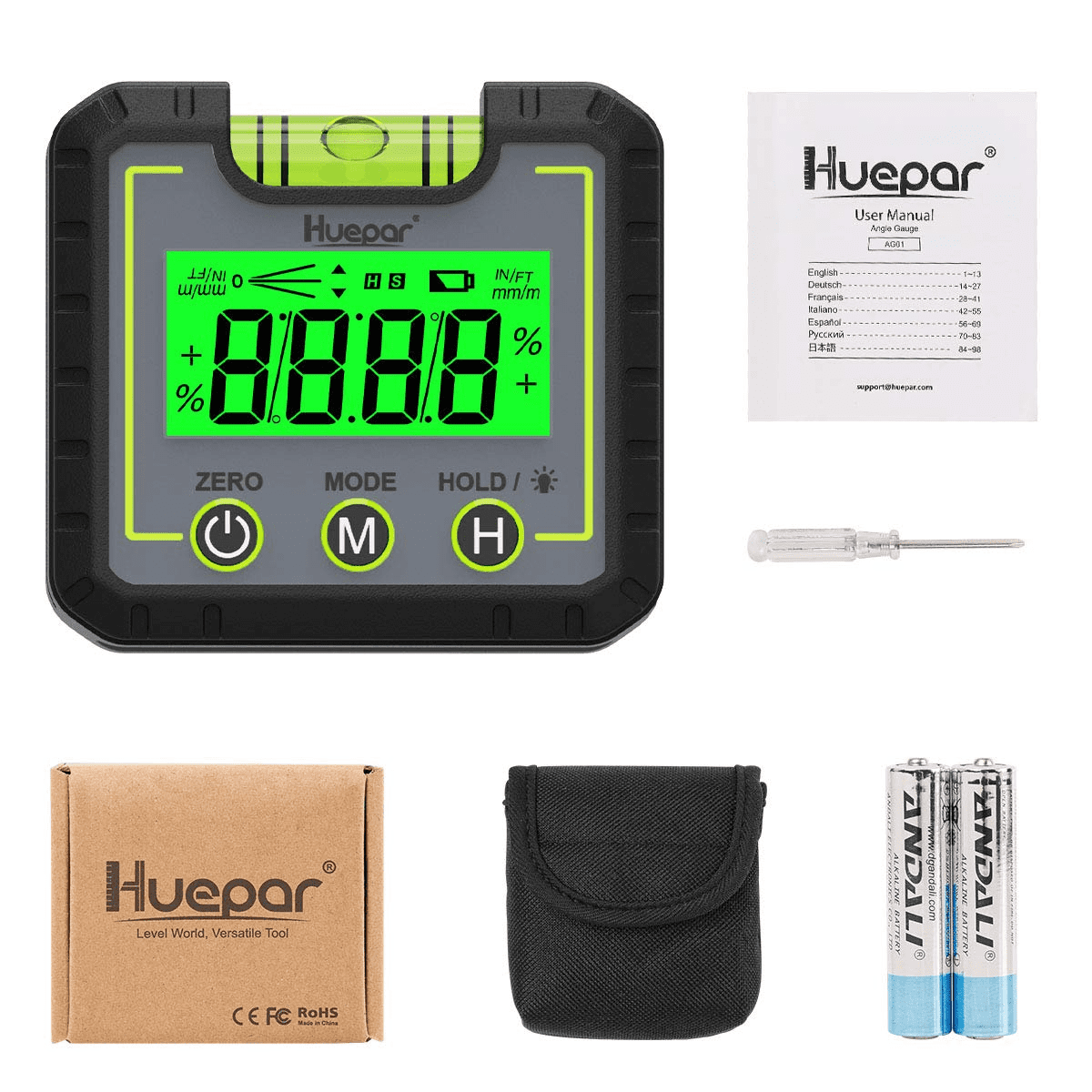 Huepar Digital Level Angle Gauge Mini Inclinometer with Backlight LCD (Green, 2.68 x 2.44 x 1.26 in) hhw0d