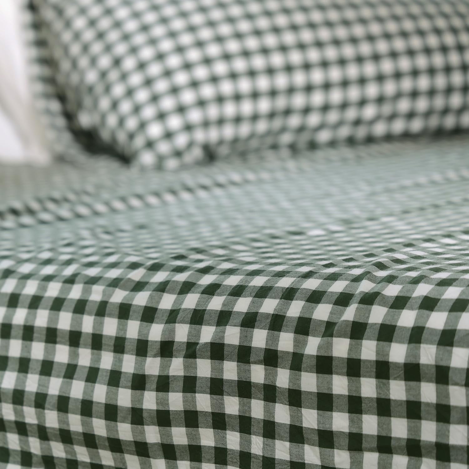 Nayoroom Organic Cotton Gingham Duvet Cover Set, Breathable Textured Bedding with Corner Ties (Dark Green, Queen) ctzkp