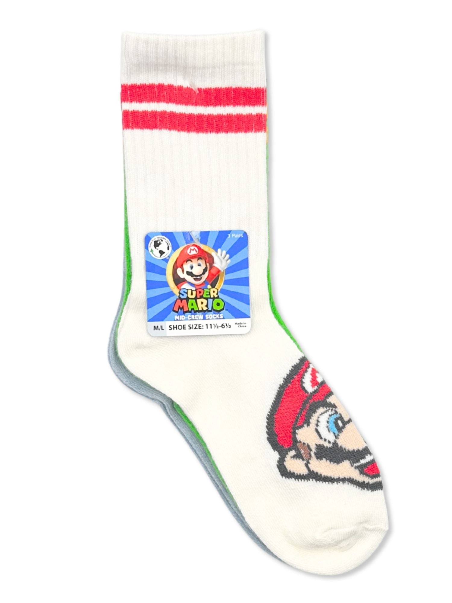 Super Mario Boys Mid-Crew Socks, Comfortable Athletic Footwear (Multi-Color, 3-Pack) jkf81