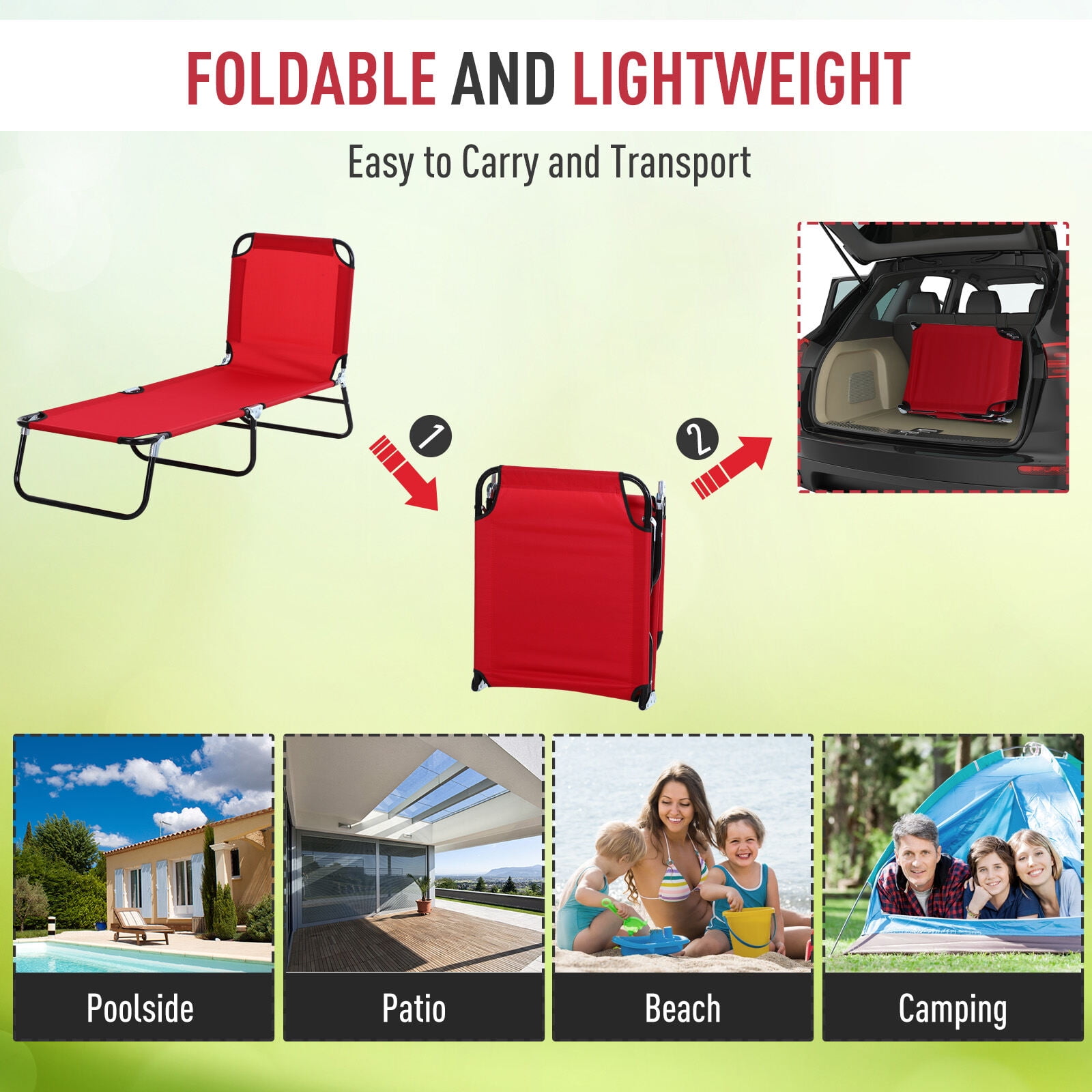 PuppyCheer 74 in Folding Chaise Lounge Chair, 5-Position Reclining Pool and Beach Chair (Red, 74 in x 22 in) sf53x