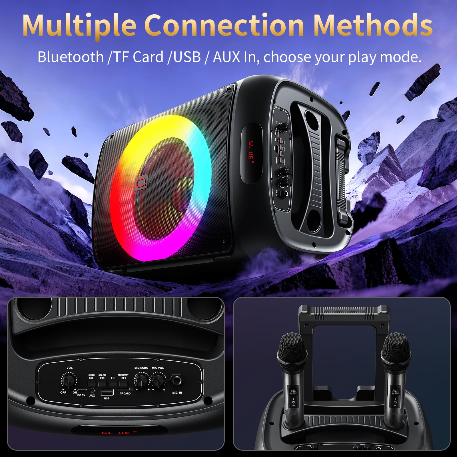 JYX Portable Party Speaker, 120W Wireless Bluetooth Speaker with Dual Subwoofers, Karaoke System with 2 Microphones and Wheels (Black) 9r5hu