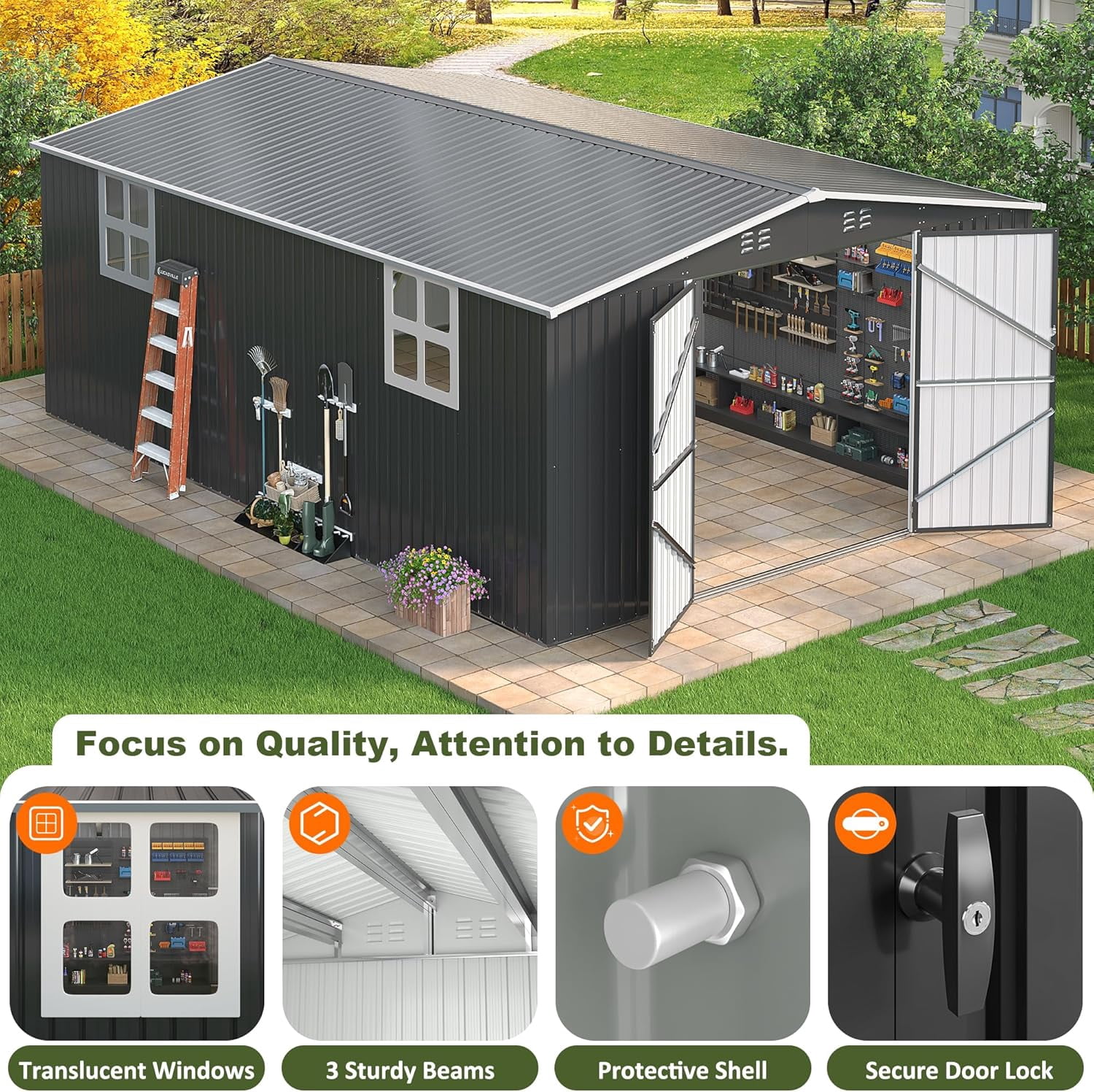NETAJE Outdoor Metal Storage Garden Shed, Heavy-Duty Backyard Tool Organizer with Lockable Doors and Windows (Black, 12 ft x 18 ft) hcax7