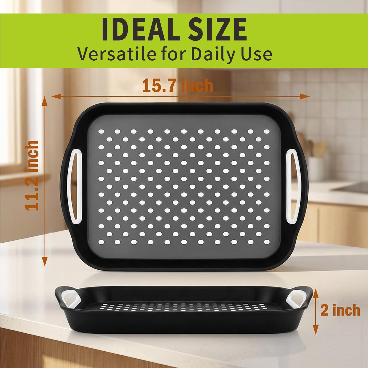 LYLHZRMDGC Non-Slip Serving Tray with Handles, Rubber Gripped Lap Food Tray for Eating, Dishwasher Safe (Black, 15.7 in x 11.2 in x 2 in) c9xwc
