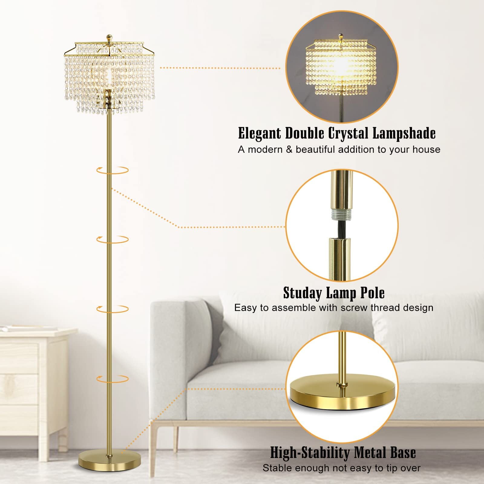 NATYSWAN Gold Crystal Floor Lamp, Modern Standing Light with Double-Layer Shade and Foot Switch (Gold, 62 in) 9z4rp