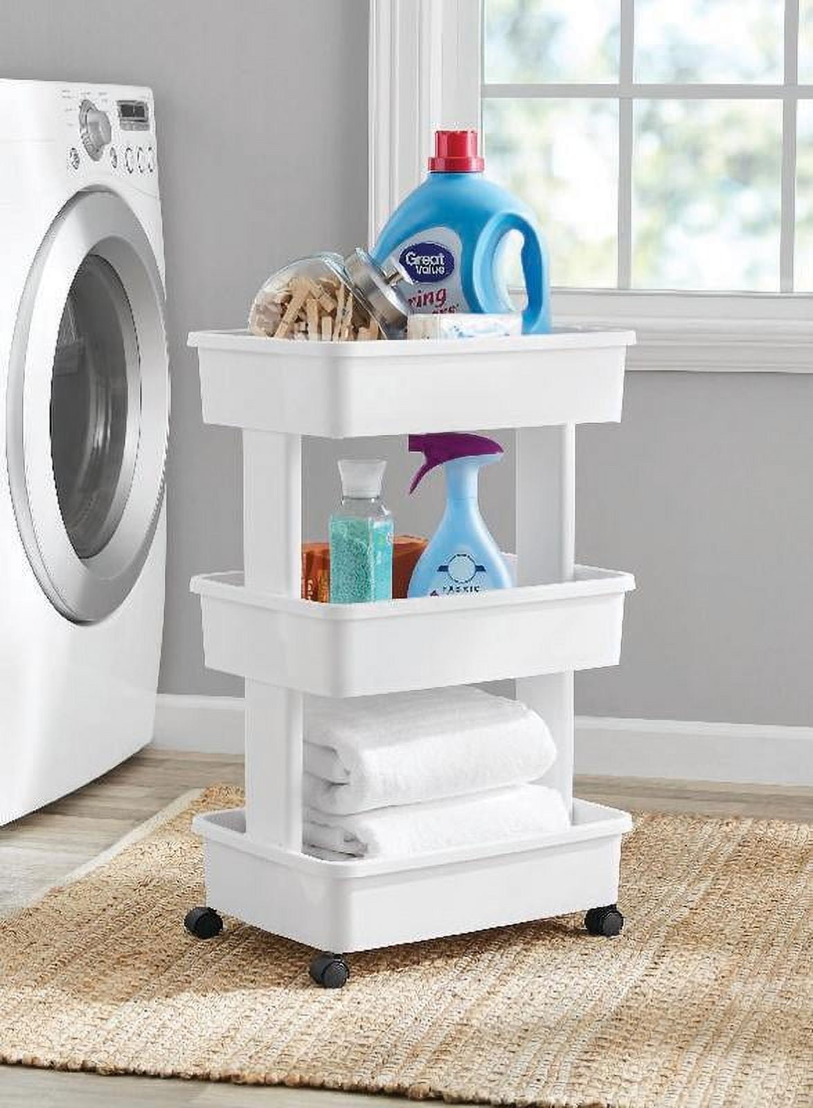 Mainstays 3-Tier Rolling Storage Cart, Multi-Purpose Organizer for Laundry and Home (Arctic White, 17.3 in x 12.5 in x 27.2 in) 9jpbk