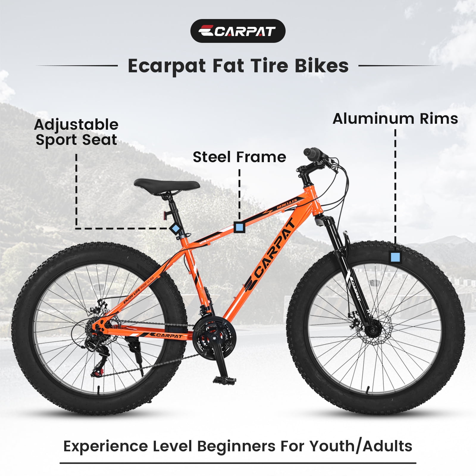 Ecarpat 26 Inch Fat Tire Mountain Bike, 21-Speed All-Terrain MTB with Dual Disc Brakes and Front Suspension (Orange, 26 in) 5wrqs