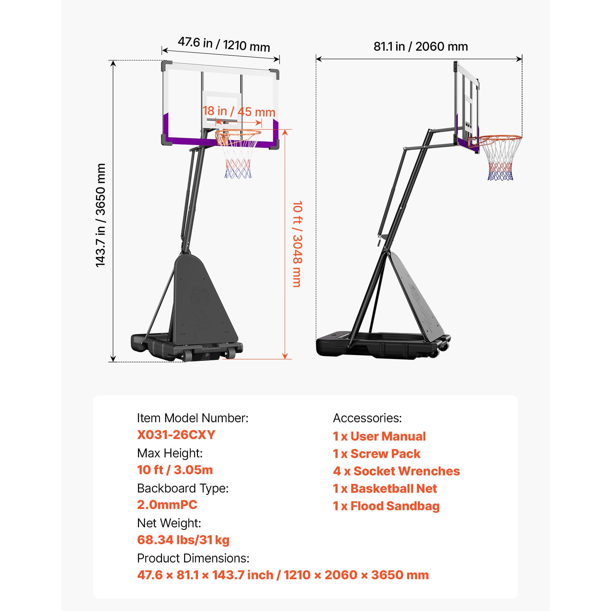 KFFKFF Portable Basketball Hoop System with Adjustable Height (10 ft, 48-inch Backboard, Black) 0vue8