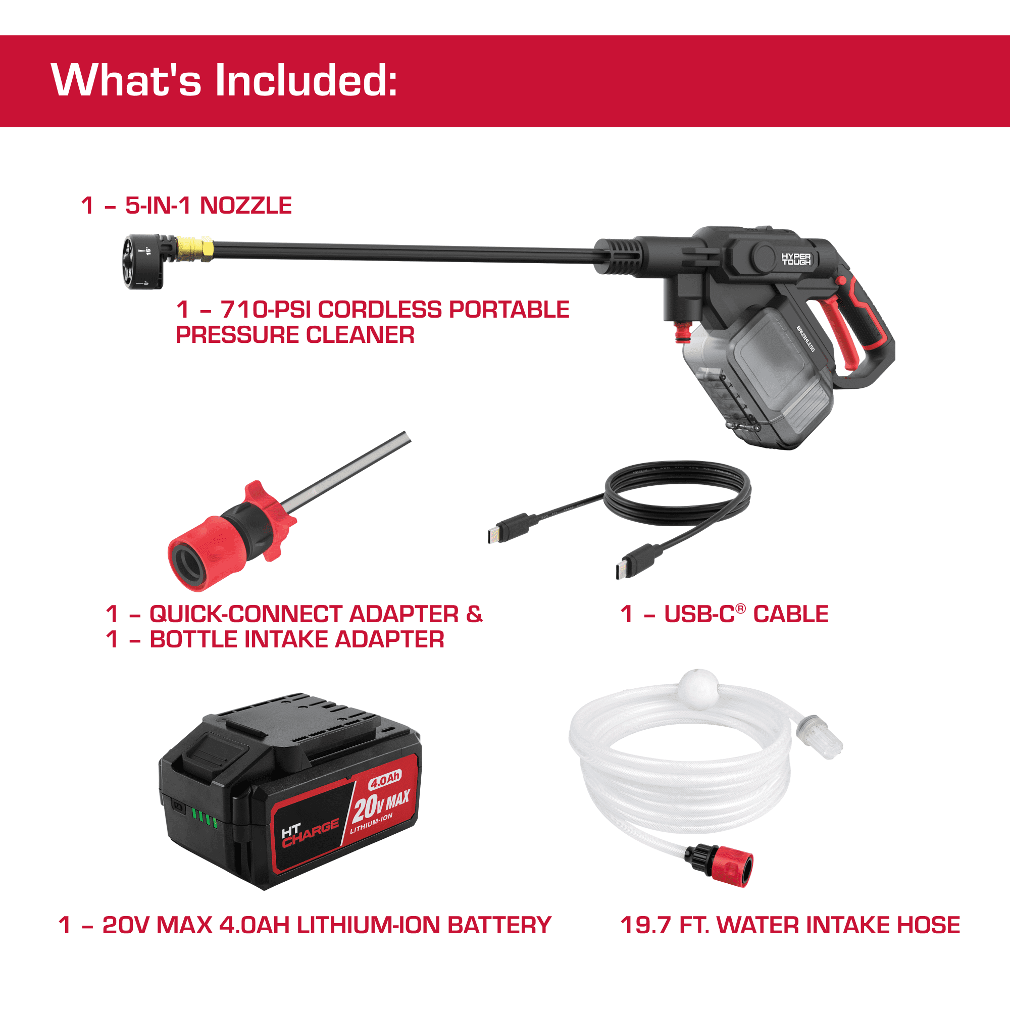 Hyper Tough 20V Brushless Cordless Portable Pressure Cleaner (710 PSI, 4.0Ah Battery Included) nyyb1