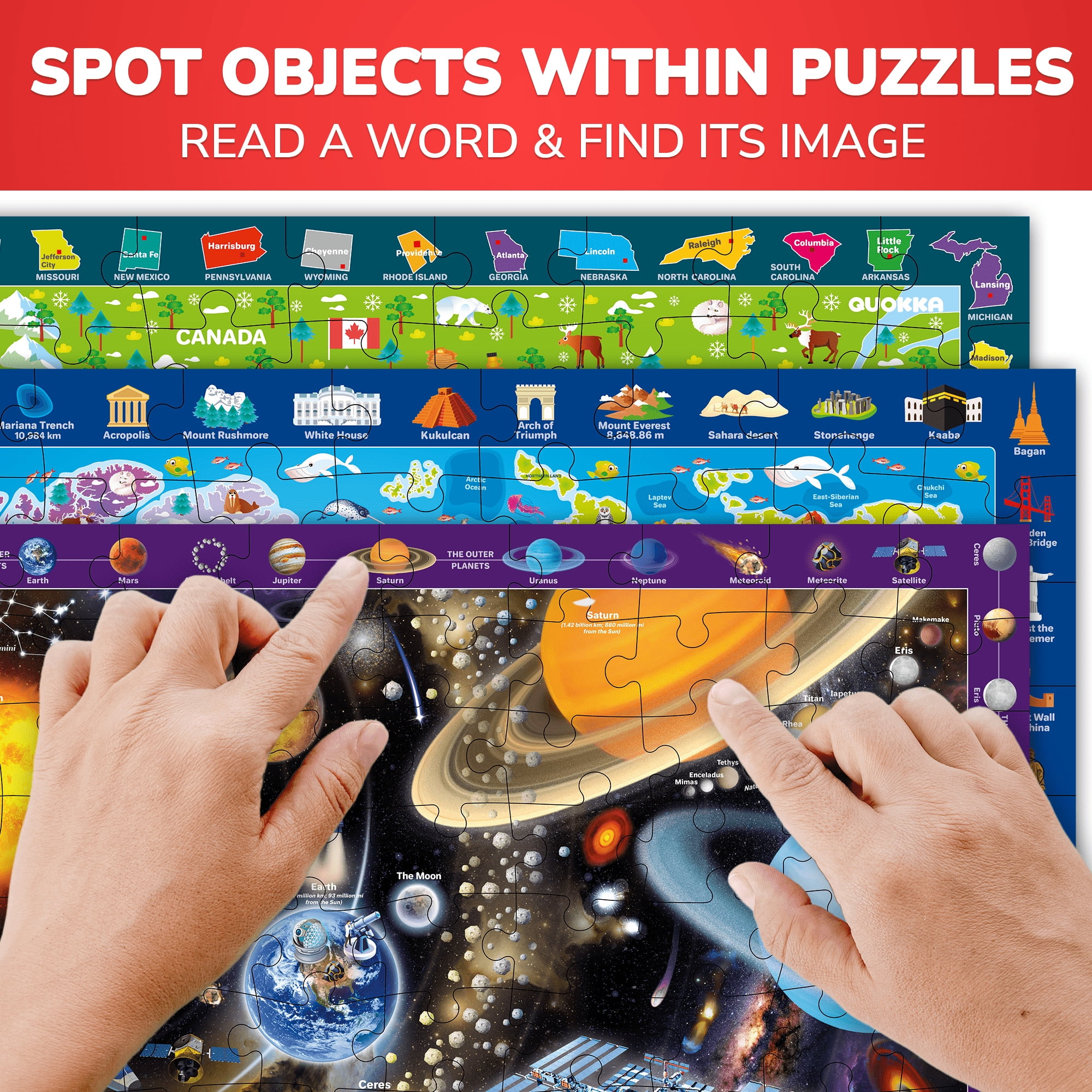 Quokka Educational Floor Puzzle Set for Kids, World Map, Solar System, and USA Map (3 Pack, 100 Pieces) p1sv1